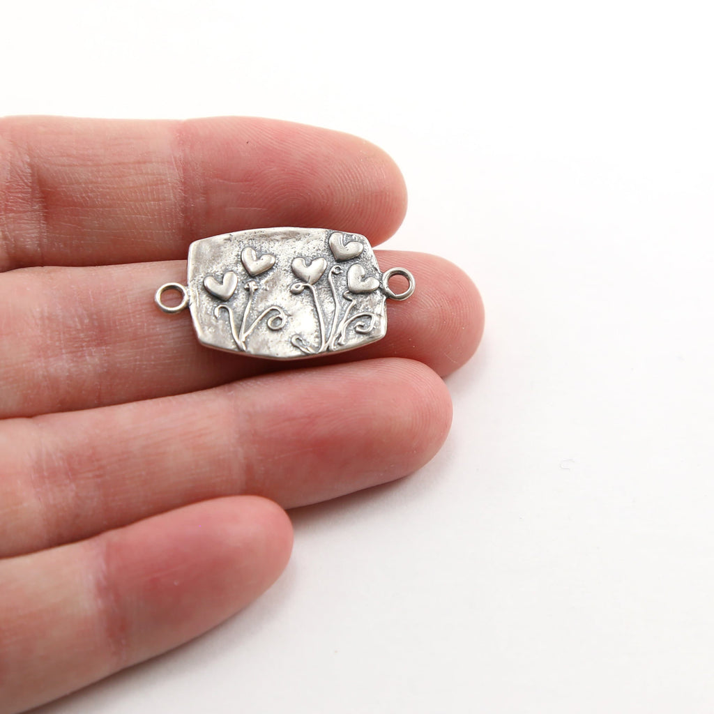 26mmx15mm Sterling Silver Sweet Flower Hearts Garden and Leaf Pattern Side