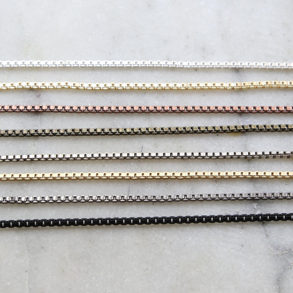 Brass Plated 2mm Thick Box Chain in 8 Finishes Chain – Sold by the Foot