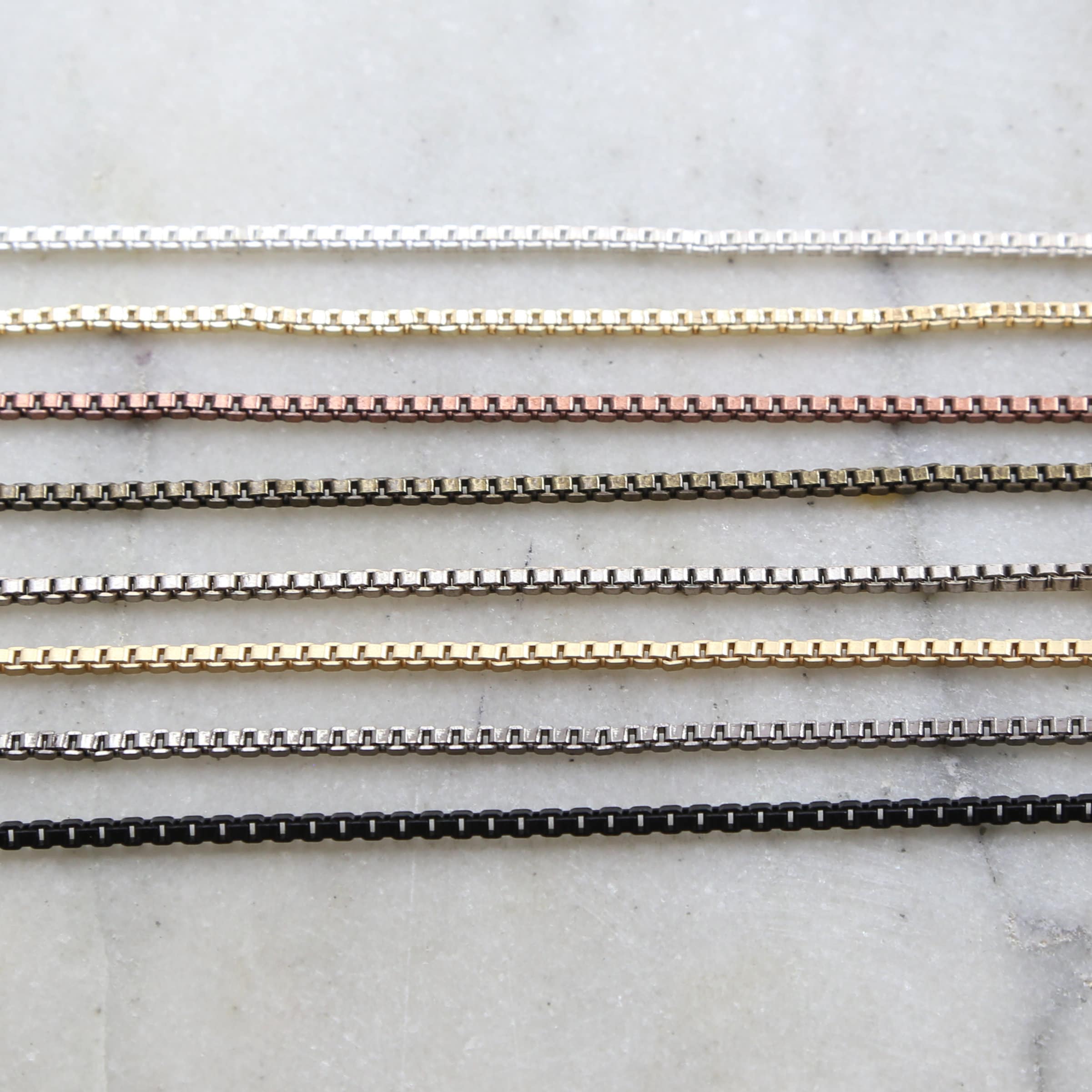 Brass Plated 2mm Thick Box Chain in 8 Finishes Chain – Sold by the Foot