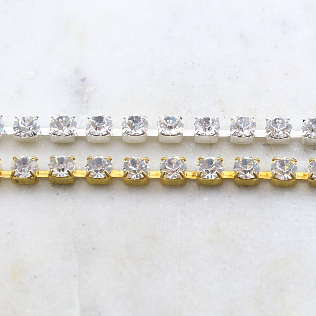 6mm Brass Gold or Silver Plated Clear Austrian Rhinestone – Sold by the Foot