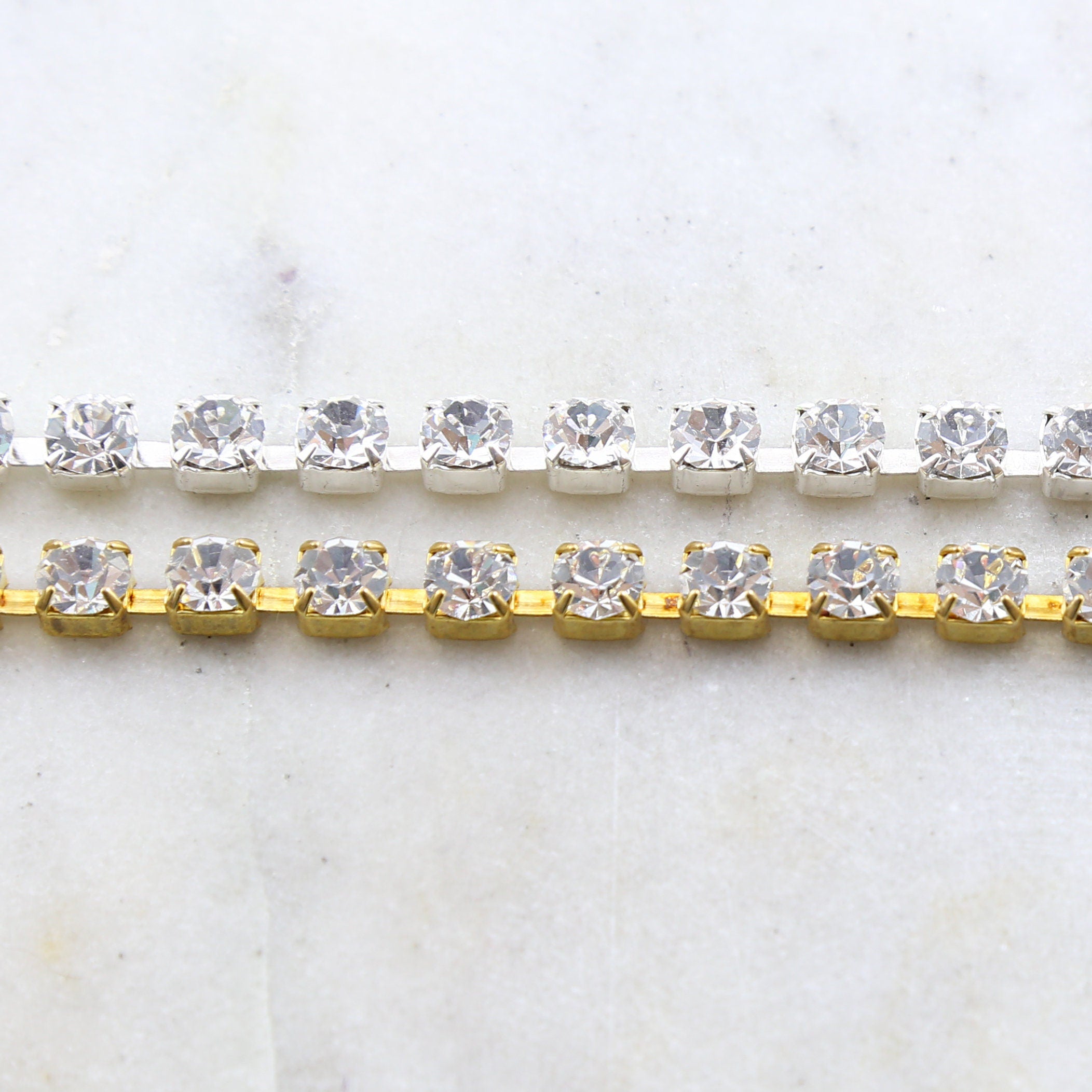 6mm Brass Gold or Silver Plated Clear Austrian Rhinestone – Sold by the Foot