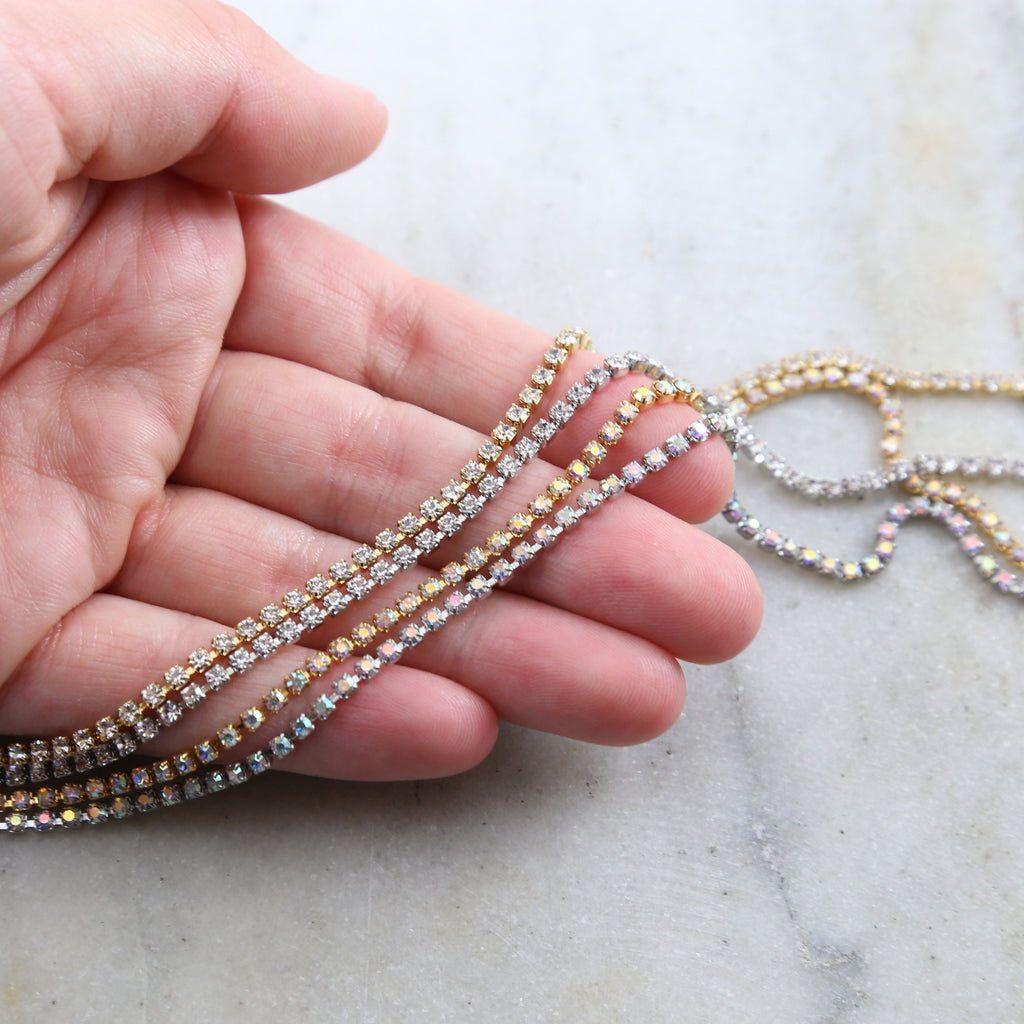 2 Mm Brass Clear or Clear AB Swarovski Rhinestone Chain – Sold by the Foot