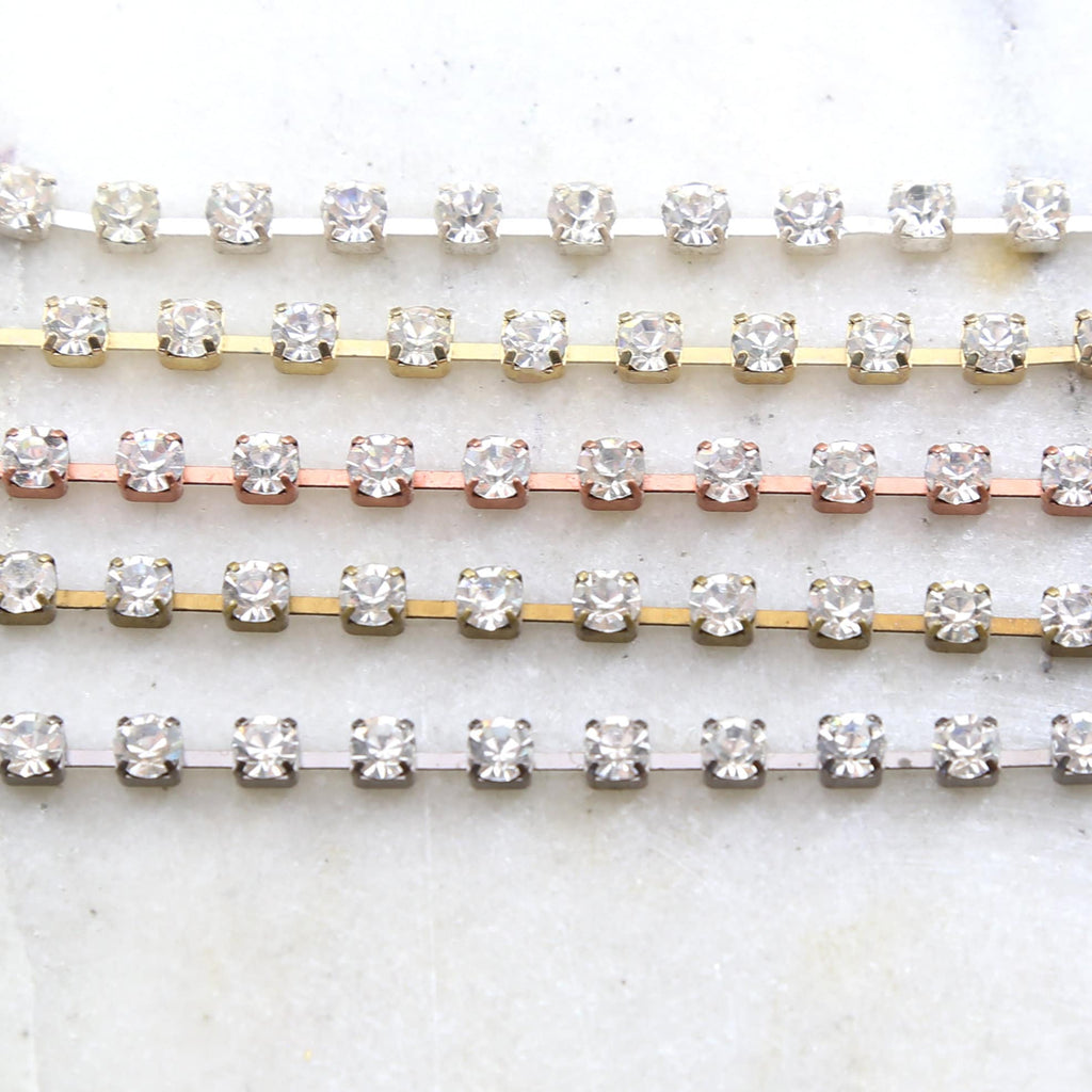 4mm Brass Clear Preciosa Rhinestone Chain in Gold Silver – Sold by the Foot