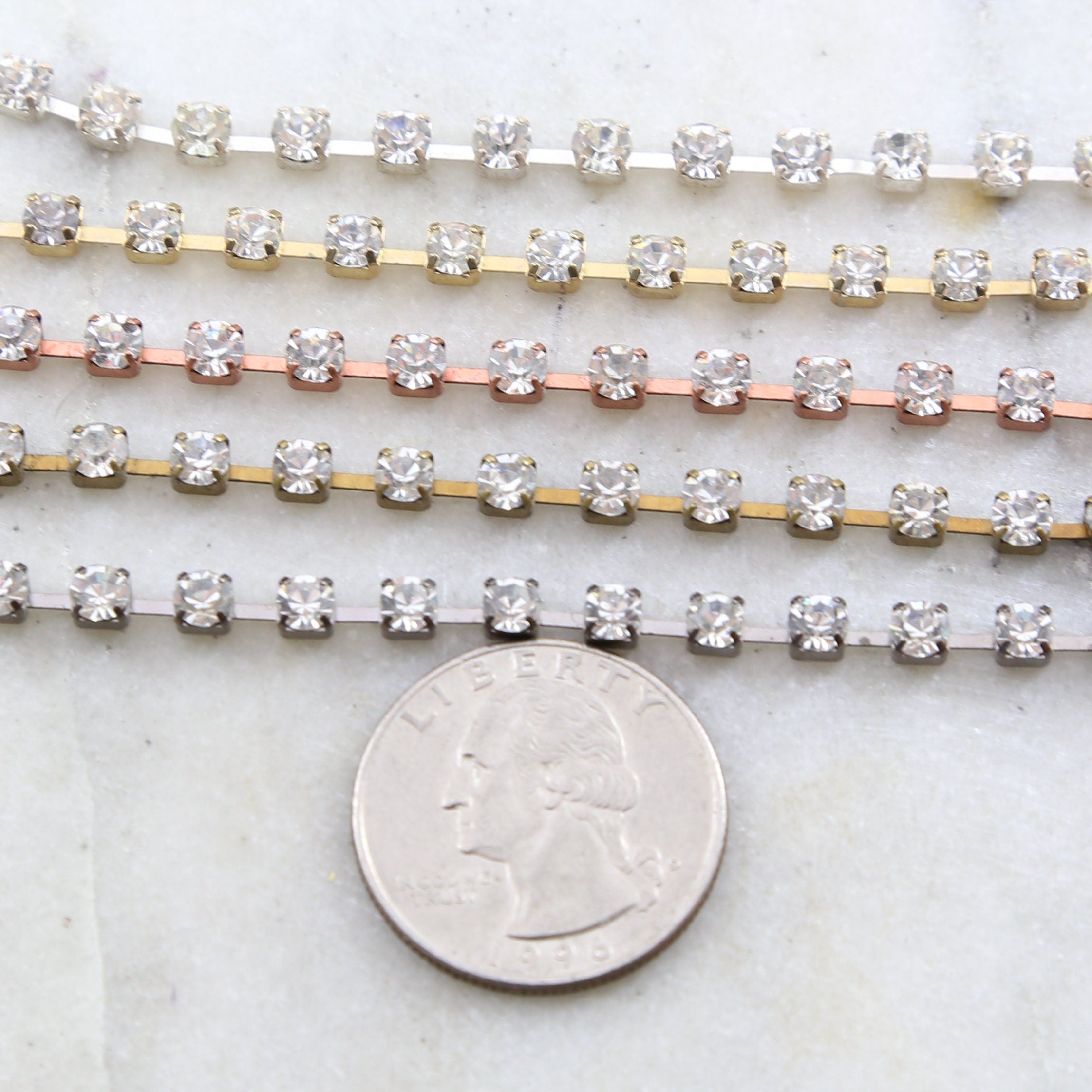4mm Brass Clear Preciosa Rhinestone Chain in Gold Silver – Sold by the Foot