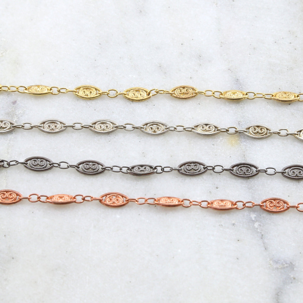 8mmx4mm Brass Fancy Lace Oval Chain in Shiny Silver – Sold by the Foot