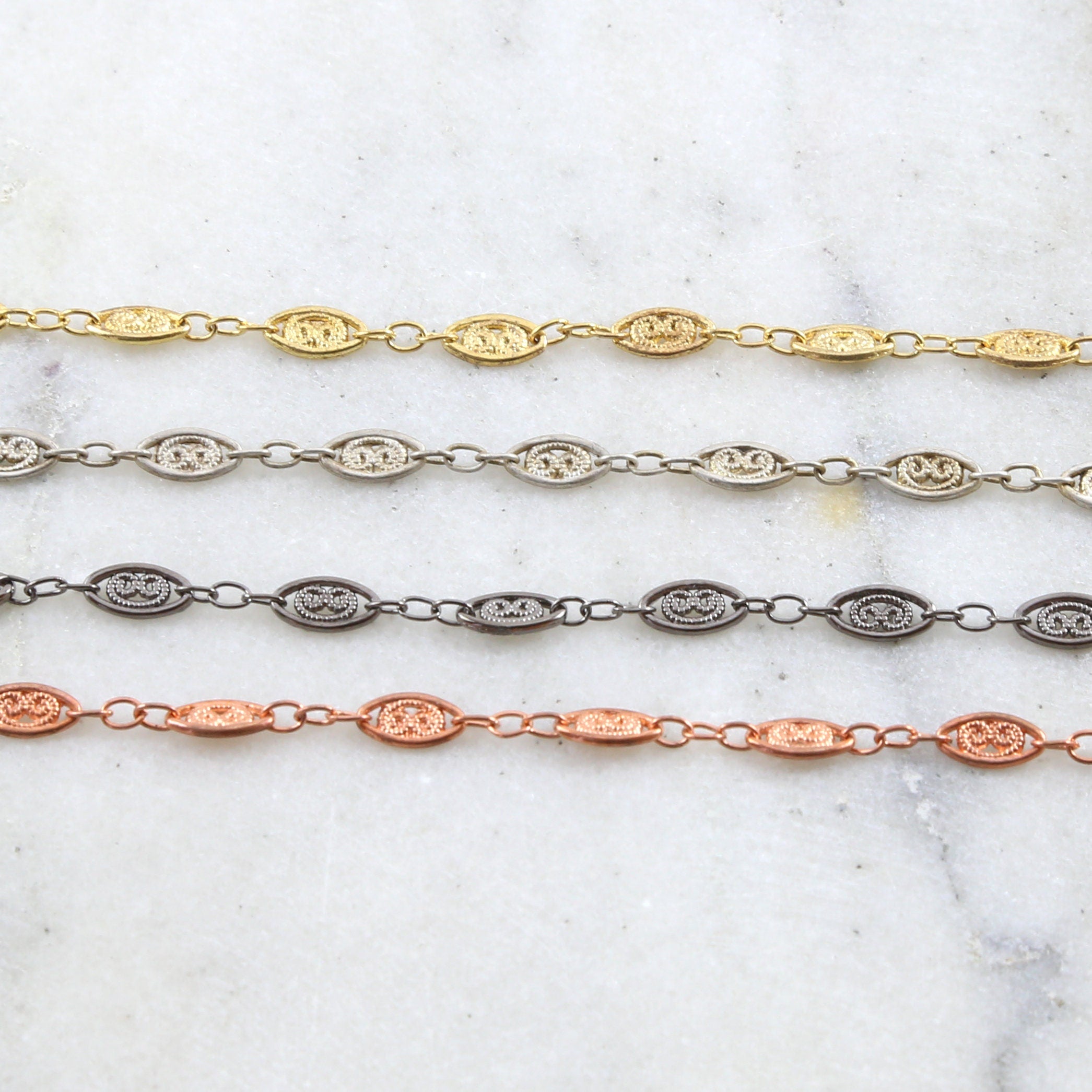 8mmx4mm Brass Fancy Lace Oval Chain in Shiny Silver – Sold by the Foot