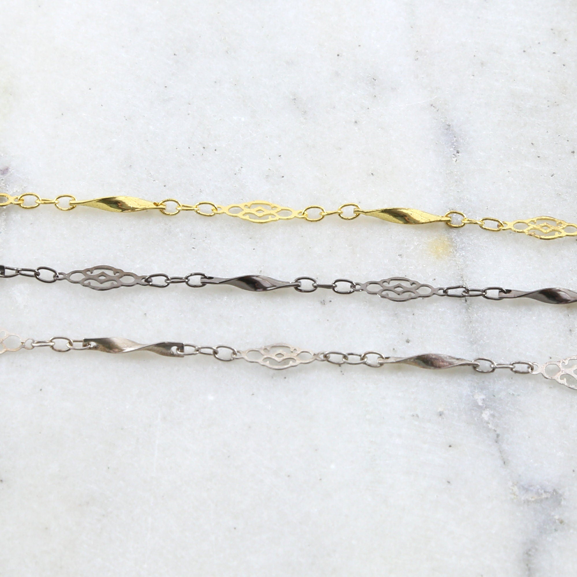11mmx6mm Brass Ornate Filigree Shimmer Chain in Antique – Sold by the Foot