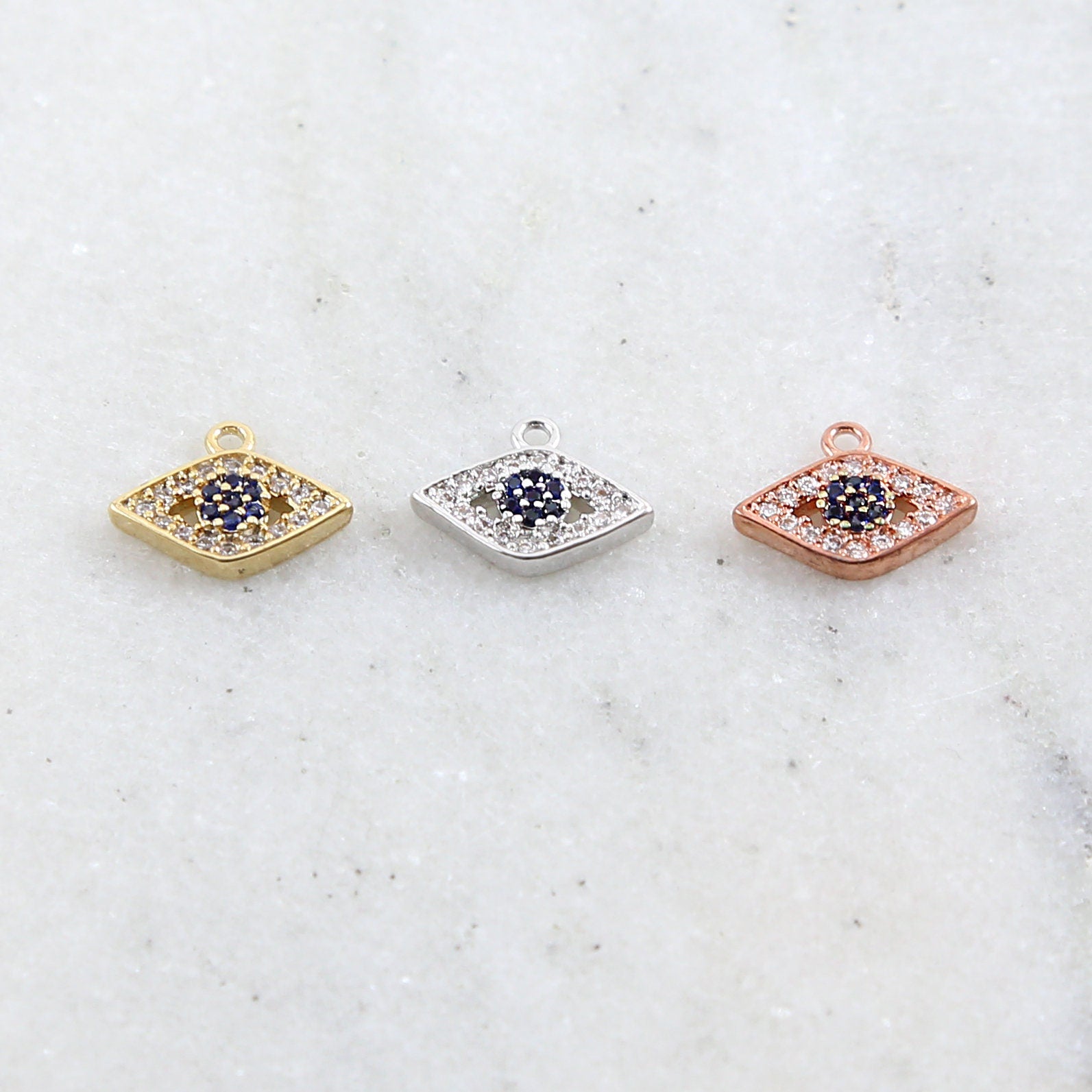 Rhodium Plated CZ Dainty Small Pointed Evil Eye Blue Eye Necklace