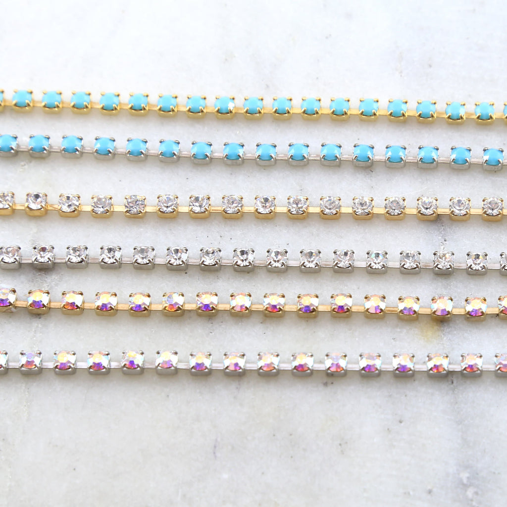3mm Brass Clear AB or Turquoise Blue Swarovski Rhinestone Chain