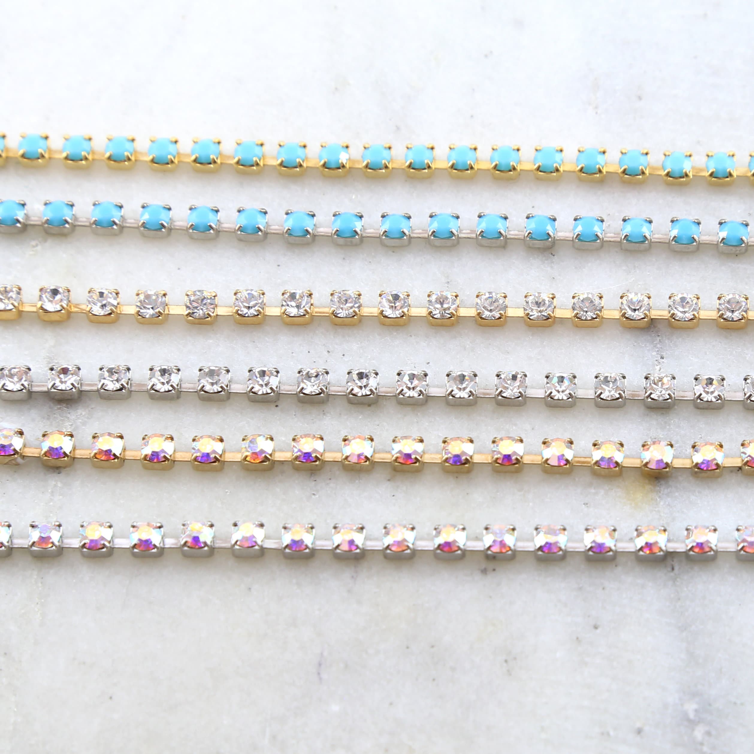3mm Brass Clear AB or Turquoise Blue Swarovski Rhinestone Chain
