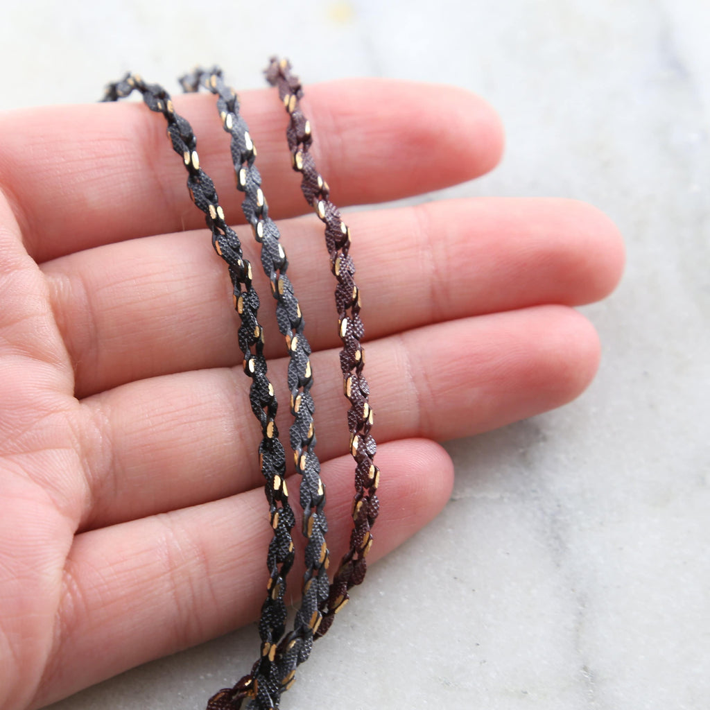 3mm Gold Plated or Brass Twisted Chain in Grey Blue Black – Sold by the Foot