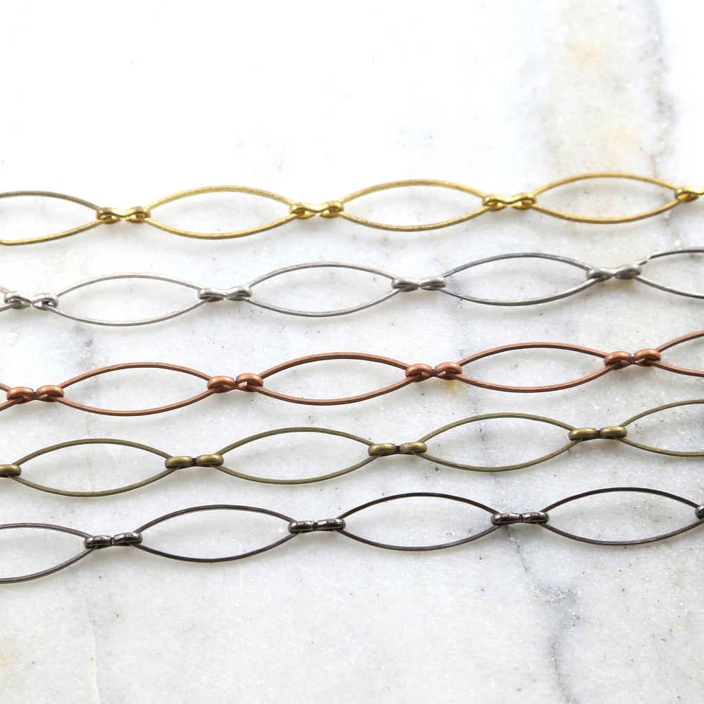 28mmx9mm Brass Large Pointed Oval Chain in Antique Silver – Sold by the Foot