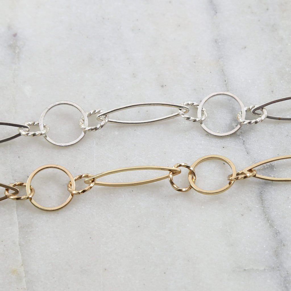 Brass Large Twisted Circle Marquise Chain in Shiny Gold – Sold by the Foot