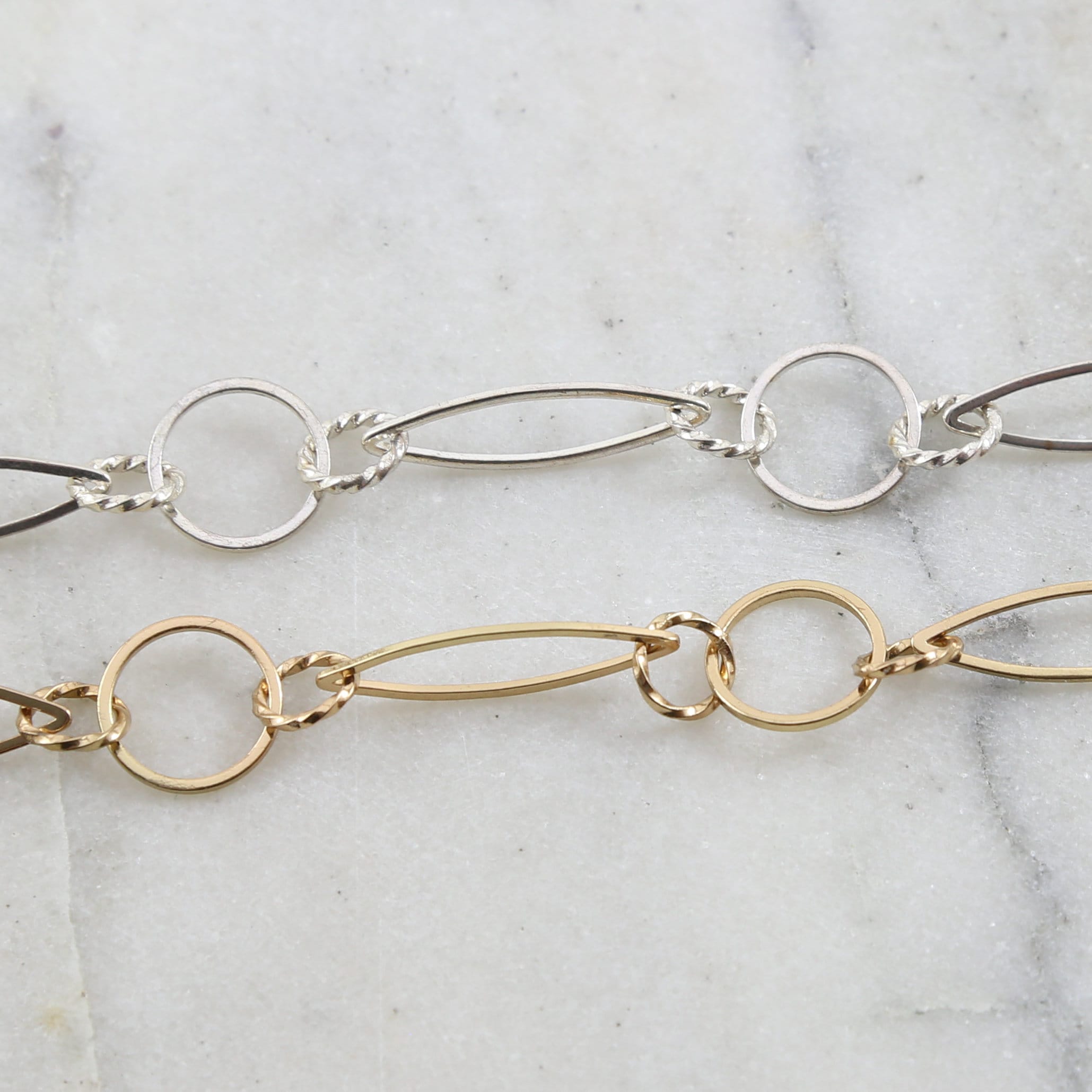 Brass Large Twisted Circle Marquise Chain in Shiny Gold – Sold by the Foot