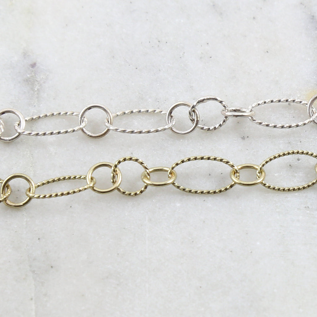 Brass Twisted Textured Oval and Circle Smooth Circle Chain – Sold by the Foot