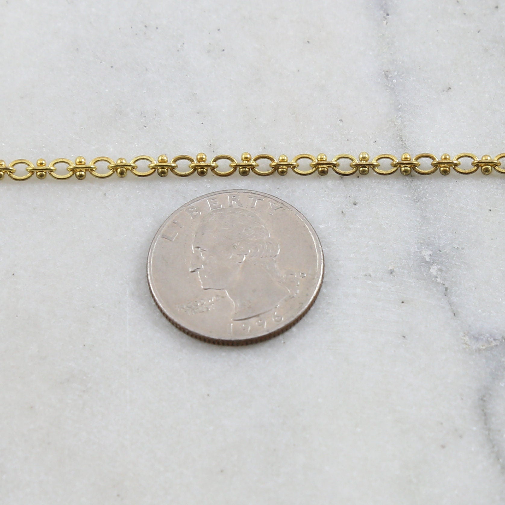 2.5mmx3mm Brass Chain Small Oval with Decorate Barbells – Sold by the Foot