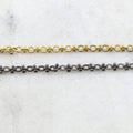 2.5mmx3mm Brass Chain Small Oval with Decorate Barbells – Sold by the Foot
