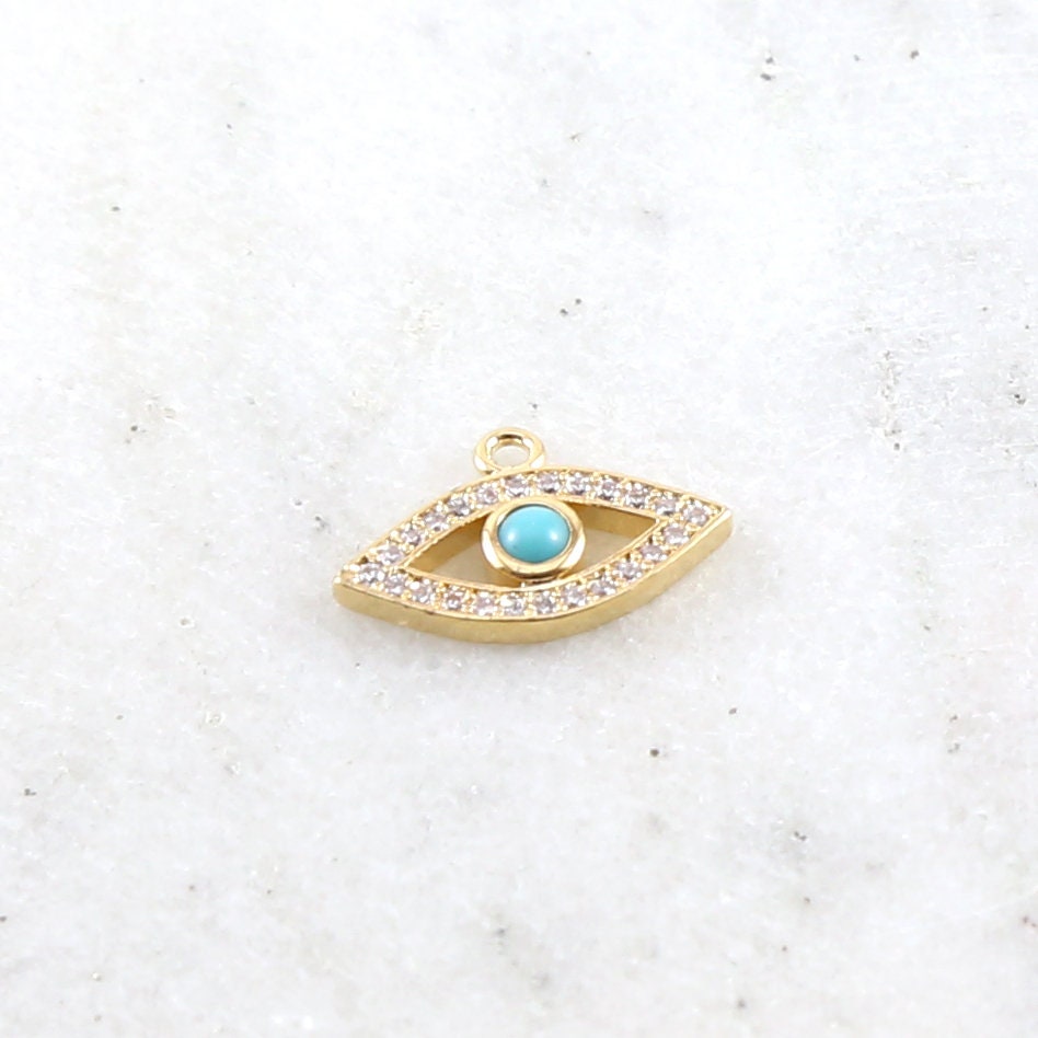 Rhodium Plated Gold Pave CZ Evil Eye Pendant Charm with Blue Stone