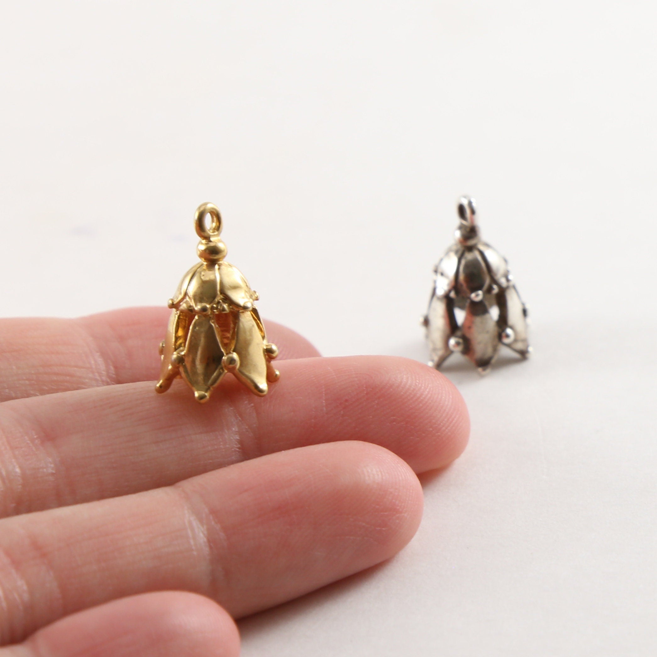 18mmx11mm Sterling Silver or Vermeil Ornate Bell Bead Cap Charm Pendant