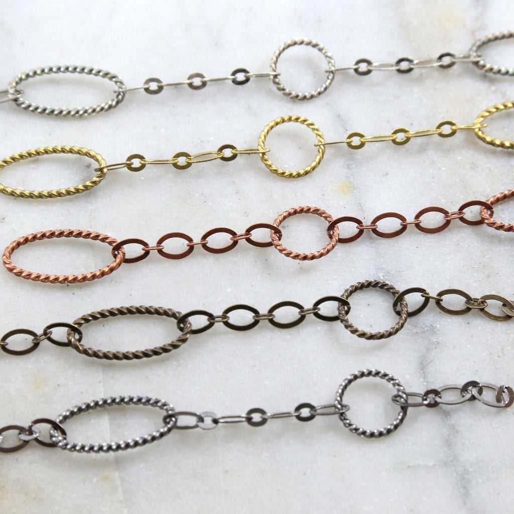 Brass Textured Oval Circle and Flat Chain in 5 Finishes – Sold by the Foot