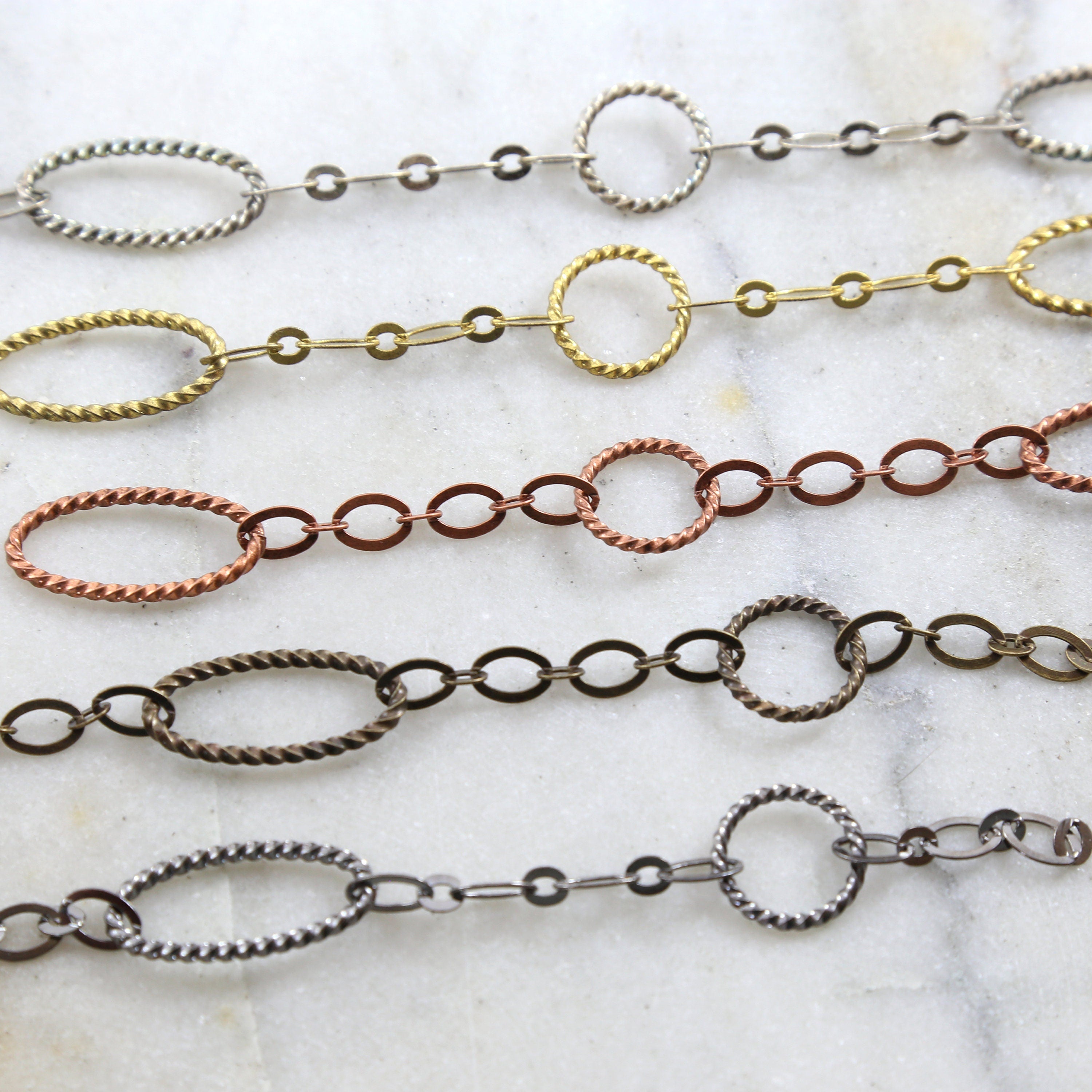 Brass Textured Oval Circle and Flat Chain in 5 Finishes – Sold by the Foot