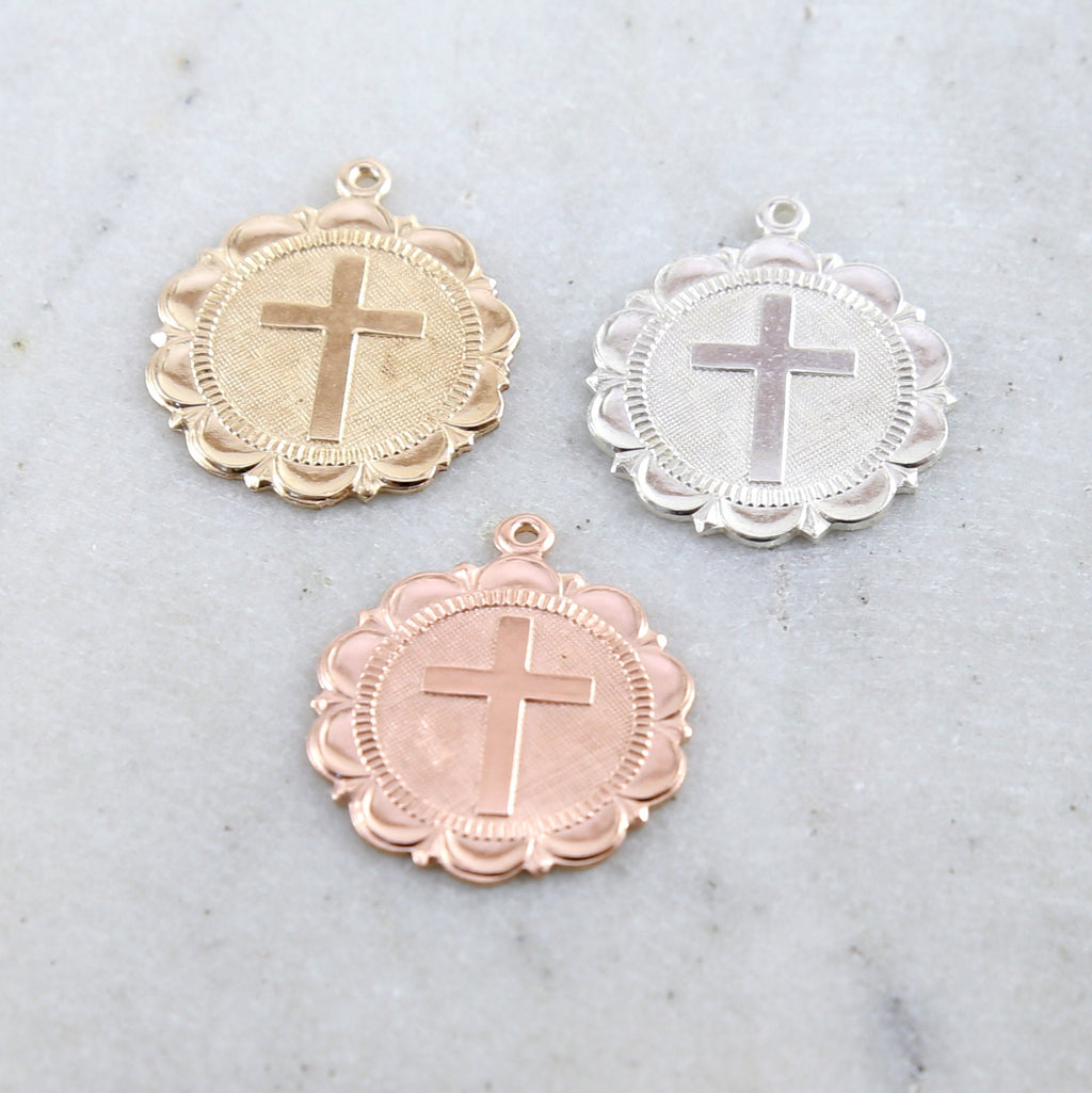 25mmx21mm Sterling Silver or 14K Gold Filled Large Cross Scalloped Edged