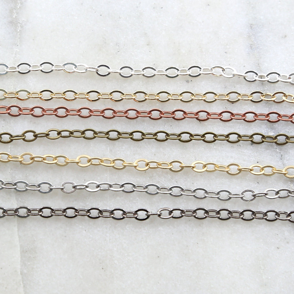 Brass Dainty Minimal Flat Link Cable Chain 4mm x 3mm in 7 – Sold by the Foot