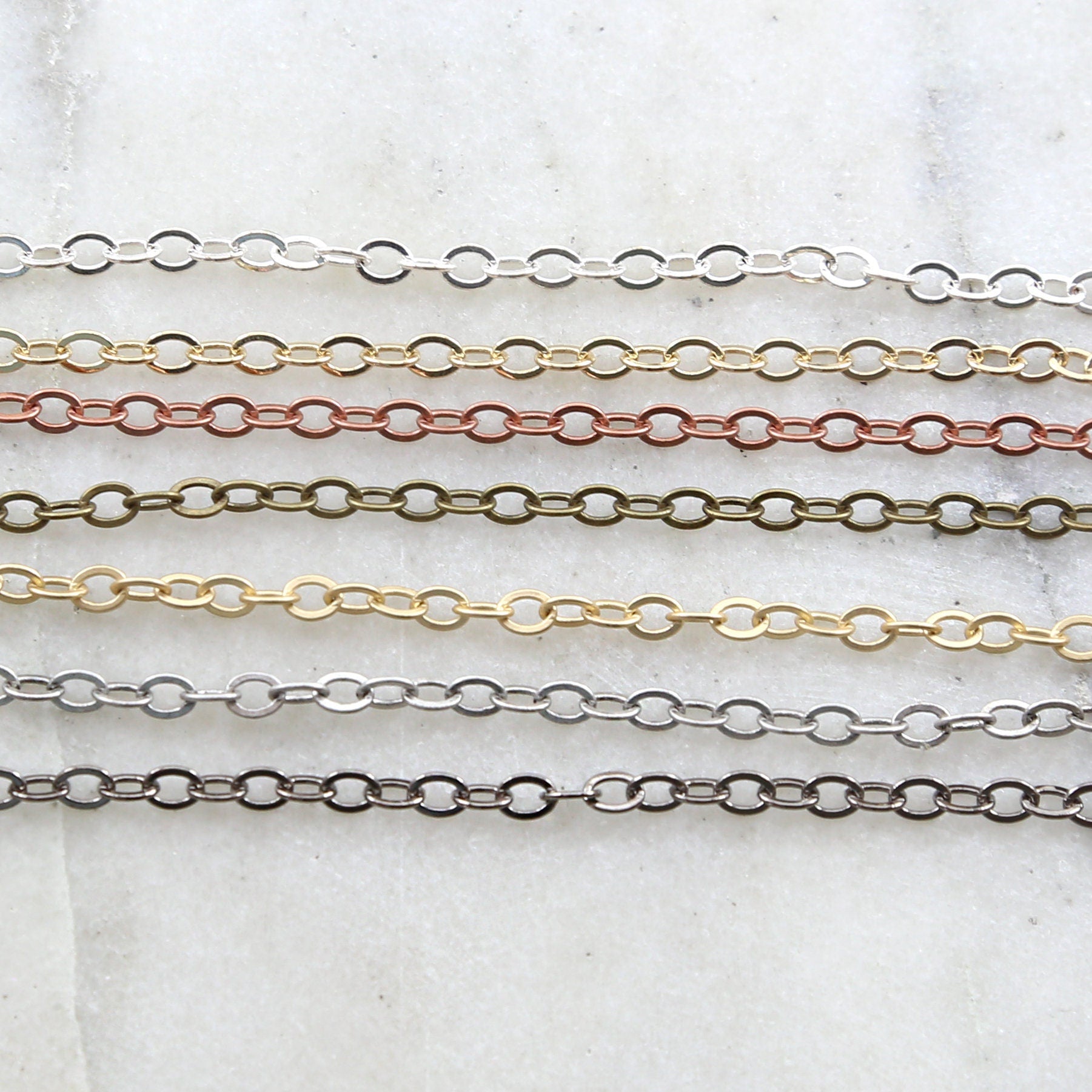 Brass Dainty Minimal Flat Link Cable Chain 4mm x 3mm in 7 – Sold by the Foot