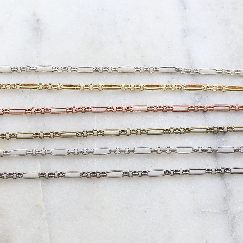 8mmx3mm Brass Plated Oval Link with 5 Circles Fancy Chain – Sold by the Foot