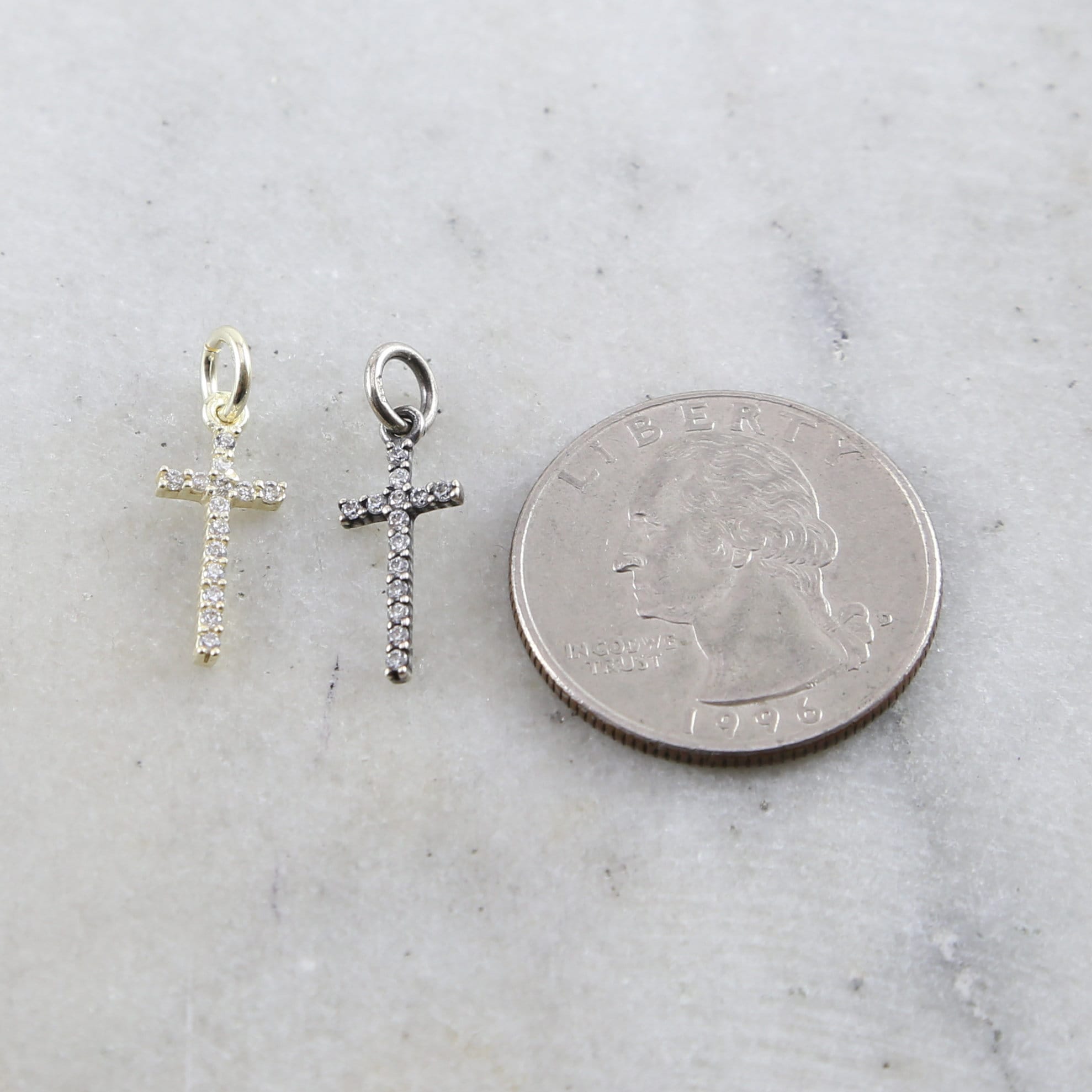 Sterling Silver or Vermeil Long Oxidized or CZ Cross Religious Charm Pendant