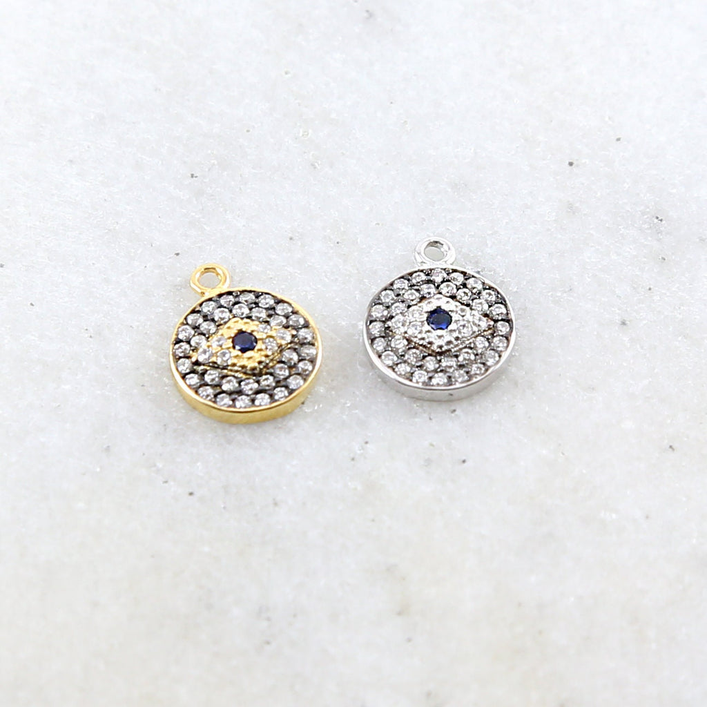 Sterling Silver or Vermeil Round Pave CZ Evil Eye Protector Pendant