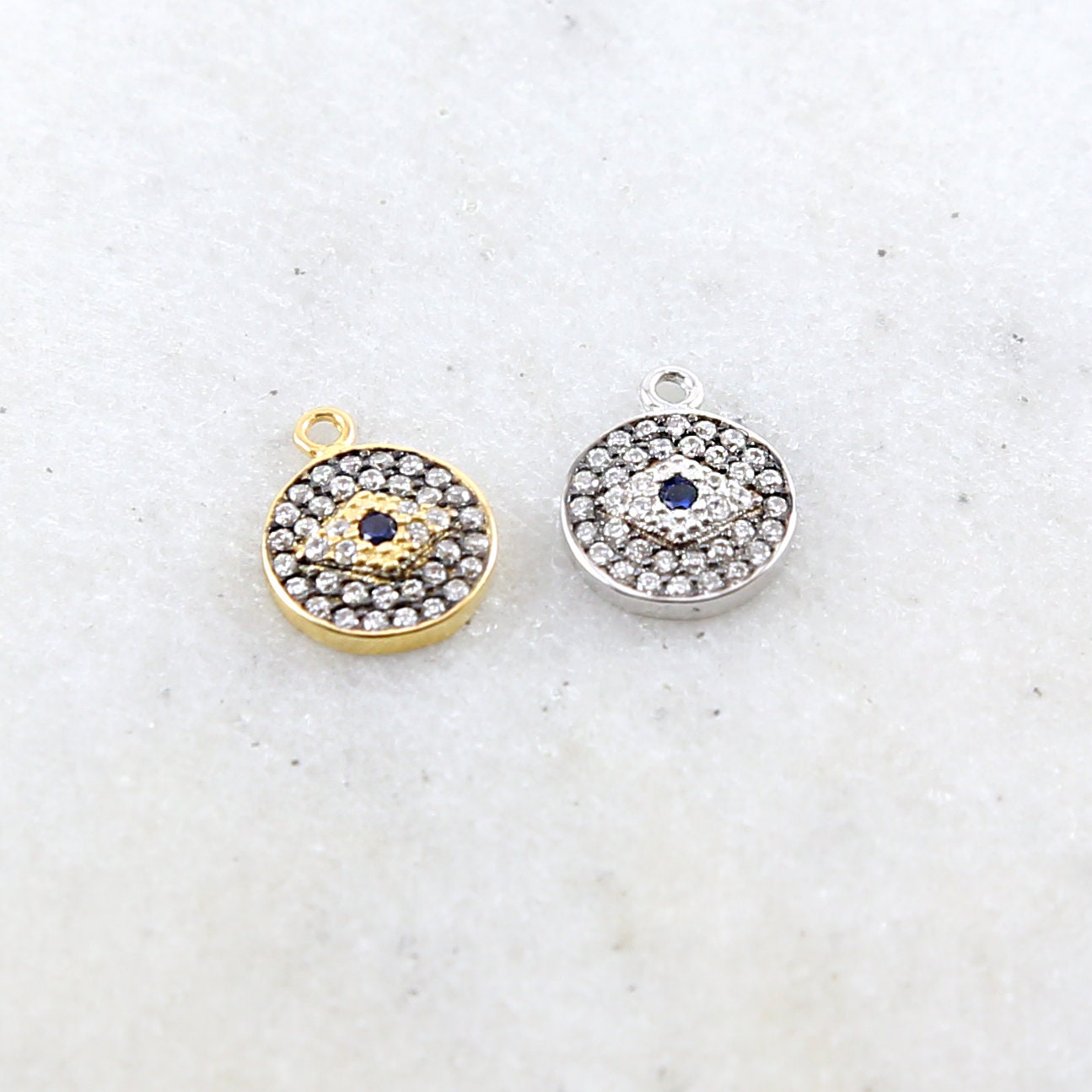 Sterling Silver or Vermeil Round Pave CZ Evil Eye Protector Pendant