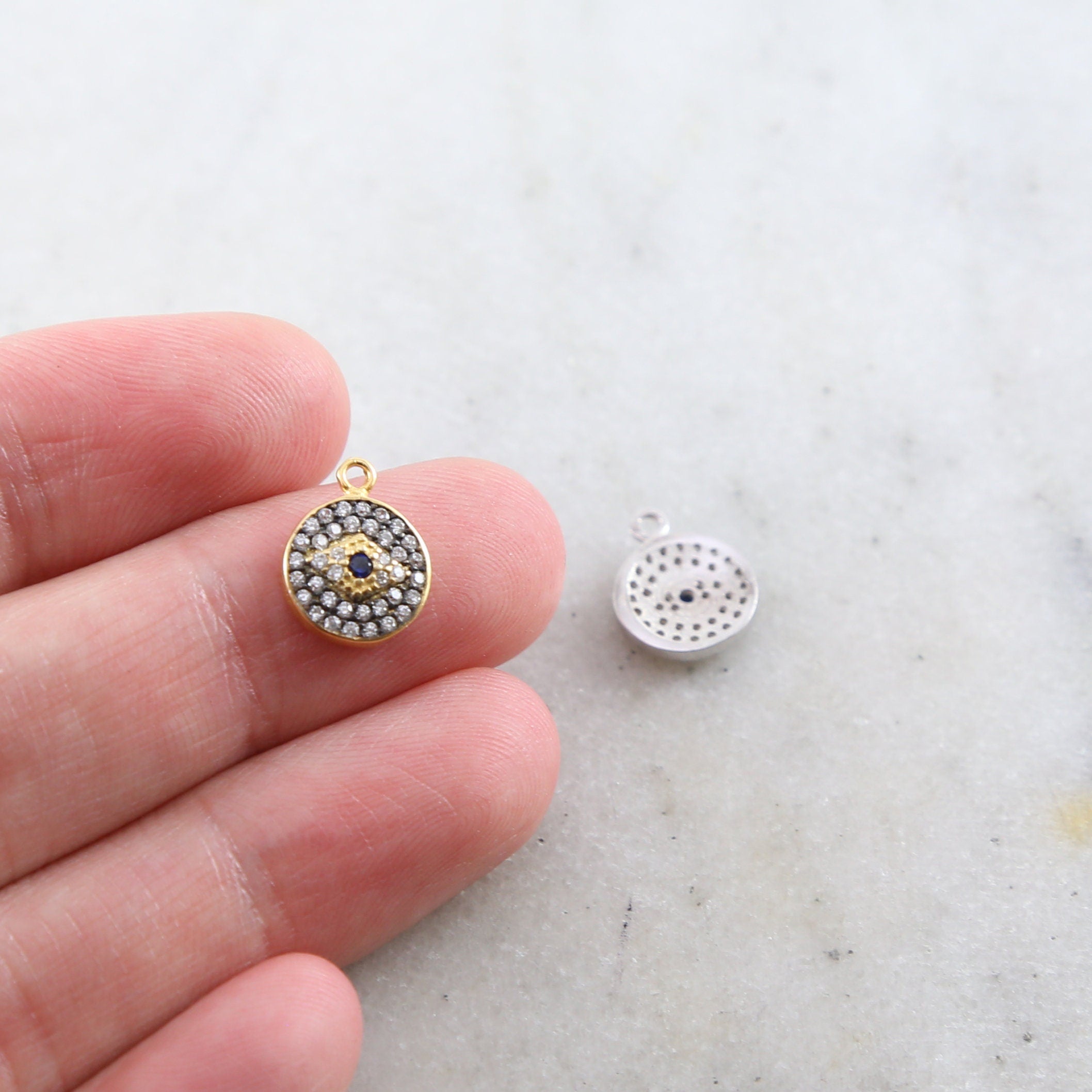 Sterling Silver or Vermeil Round Pave CZ Evil Eye Protector Pendant