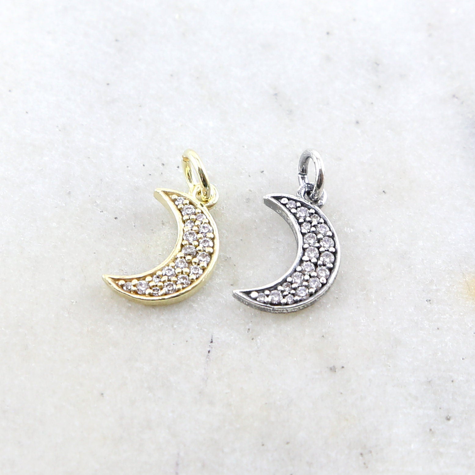 Sterling Silver or Vermeil CZ Crescent Moon Pave Cubic Zirconia Charm