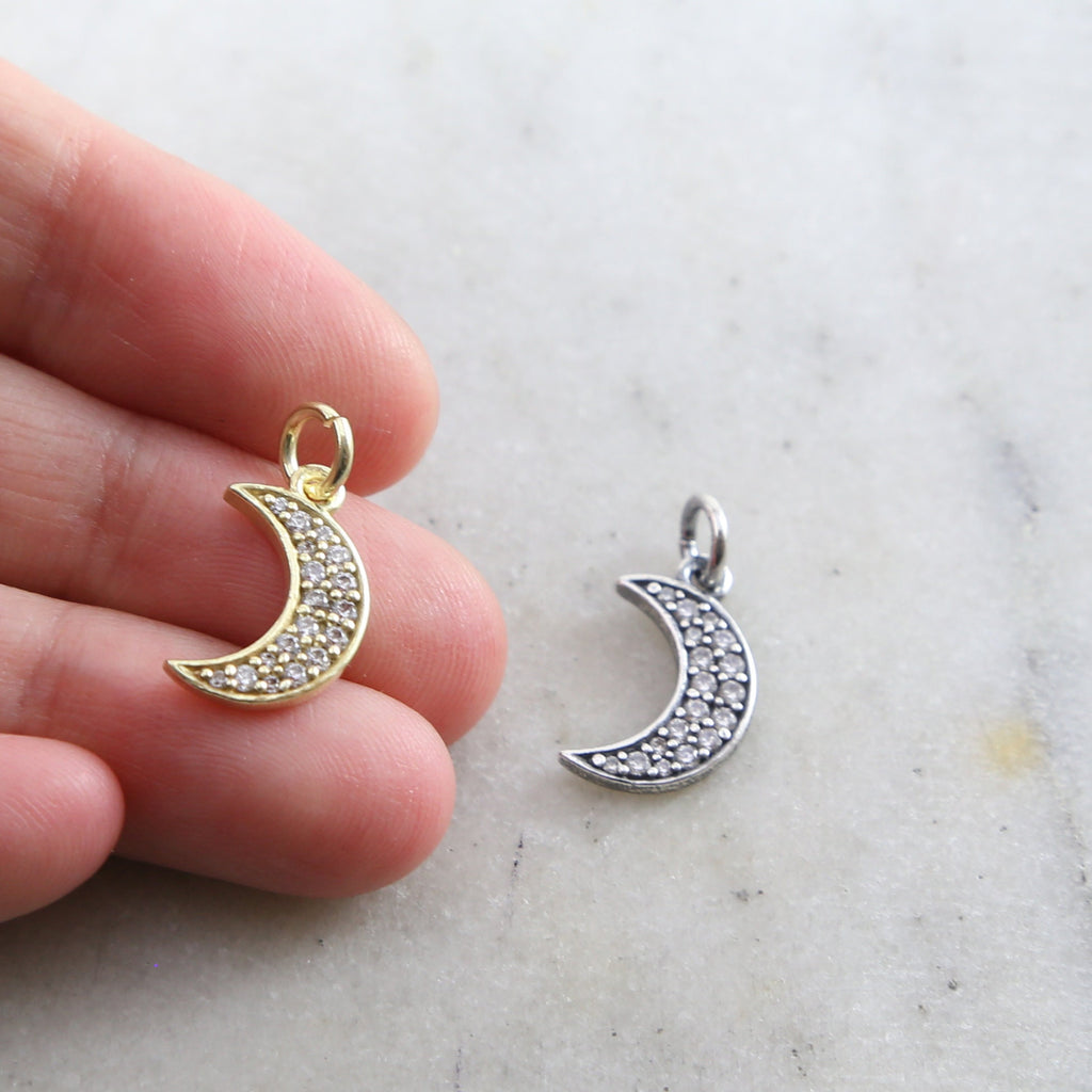 Sterling Silver or Vermeil CZ Crescent Moon Pave Cubic Zirconia Charm