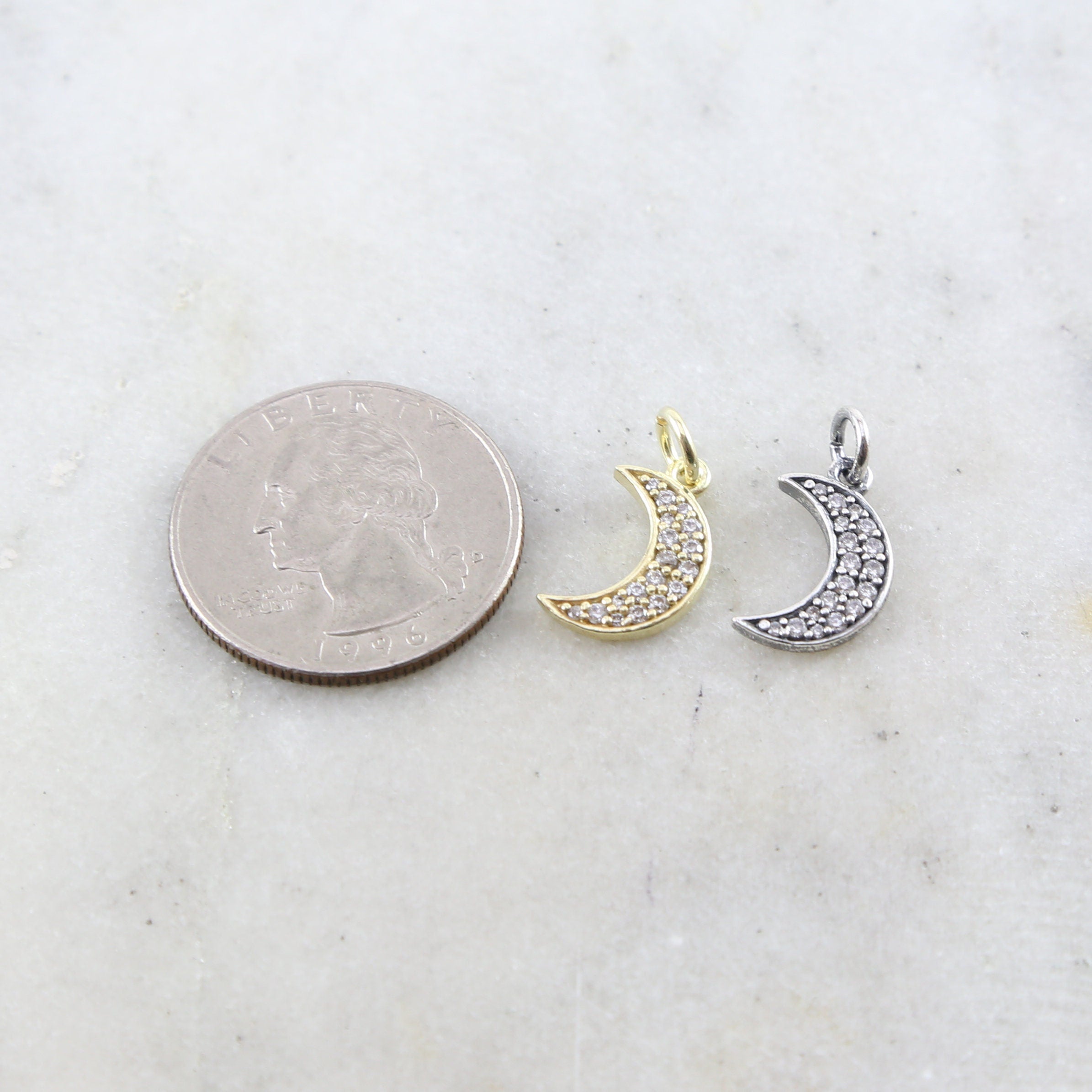 Sterling Silver or Vermeil CZ Crescent Moon Pave Cubic Zirconia Charm