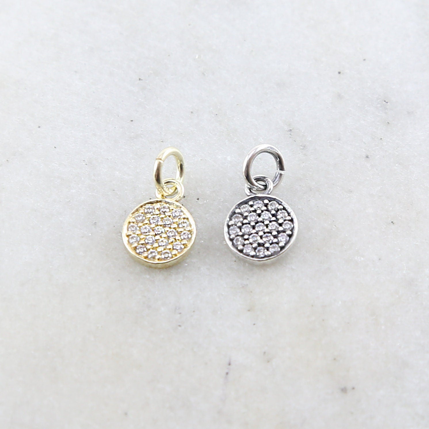 Sterling Silver or Vermeil Round Circle CZ Pave Cubic Zirconia Disc Charm Coin