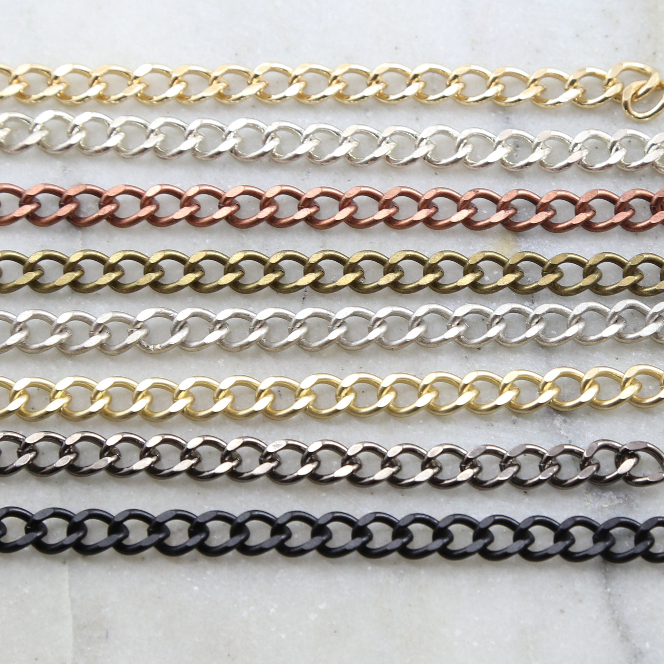 Brass Thick Faceted Diamond Cut Curb Chain in 8 Finishes – Sold by the Foot