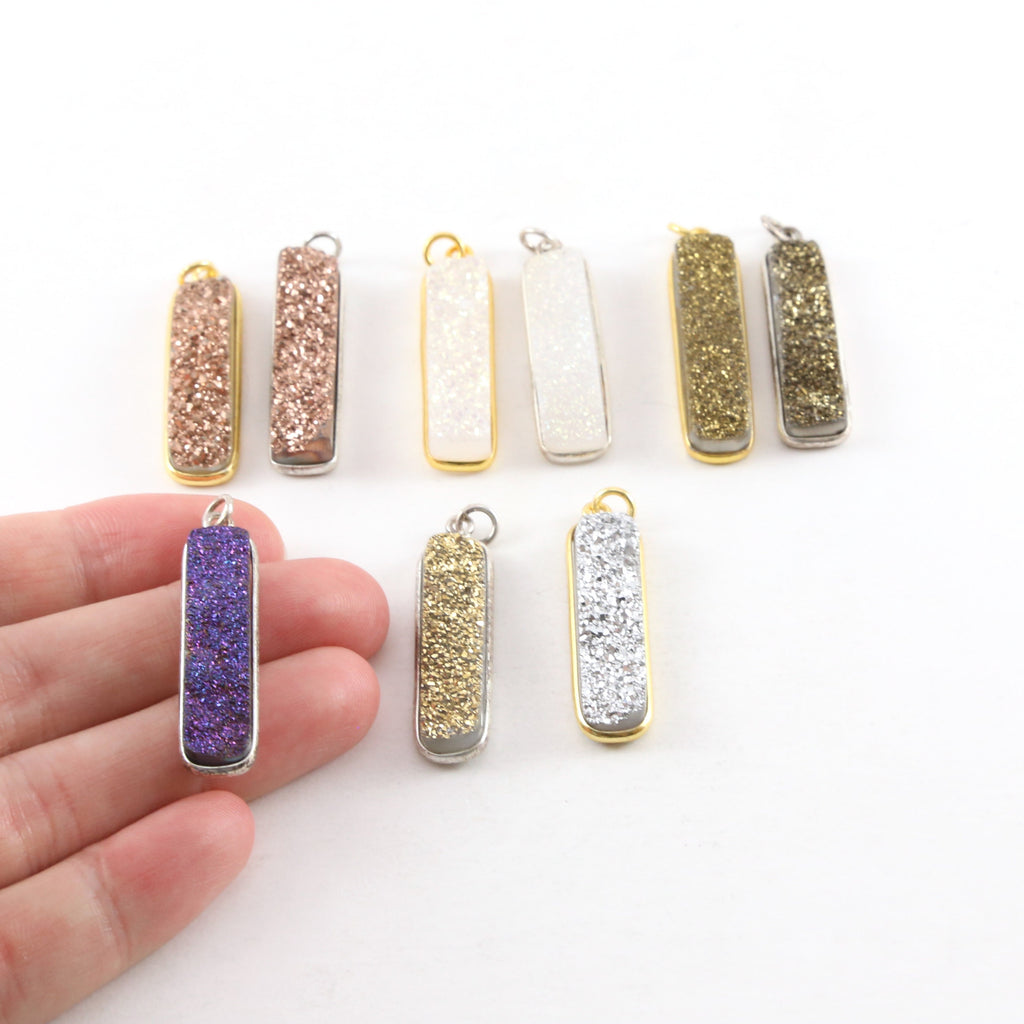 Sterling Silver or Vermeil Tall Sparkling Druzy Bar Pendant Charm 1 Loop