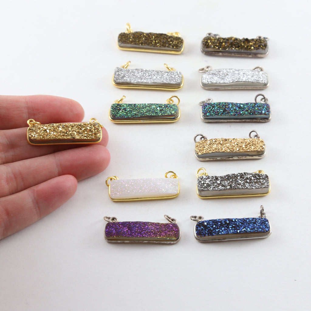 30mmx8mm Sterling Silver or Vermeil Sparkling Druzy Necklace Bar Connector