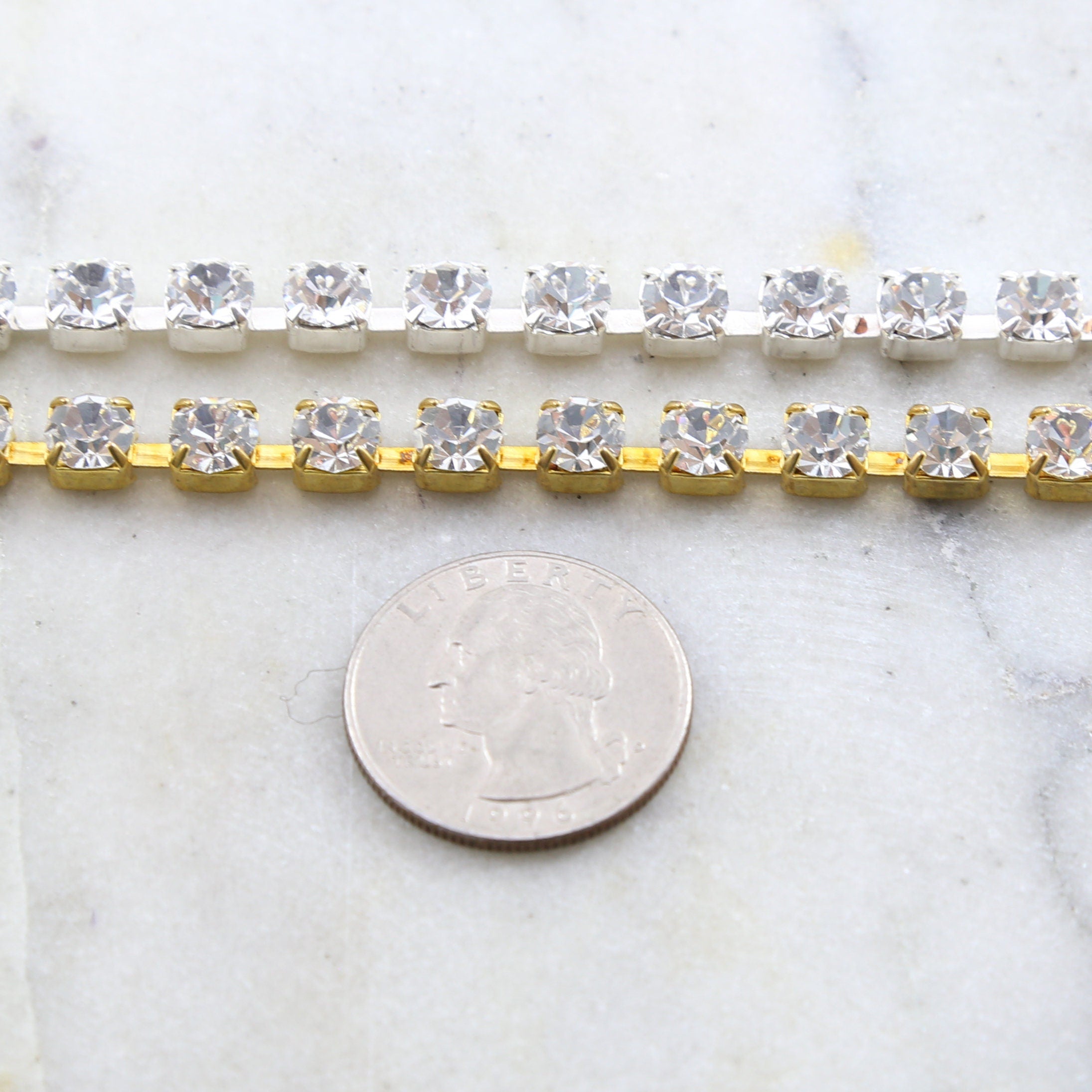 6mm Brass Gold or Silver Plated Clear Austrian Rhinestone – Sold by the Foot