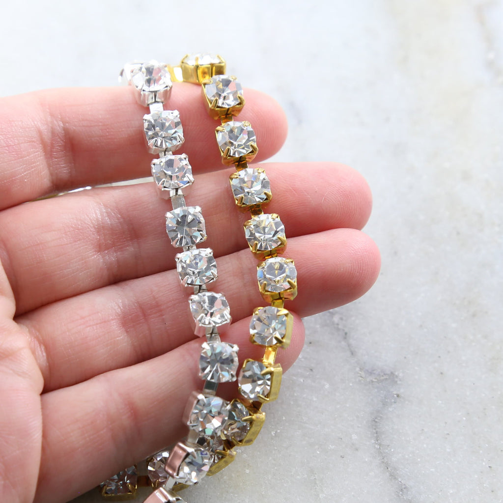 6mm Brass Gold or Silver Plated Clear Austrian Rhinestone – Sold by the Foot