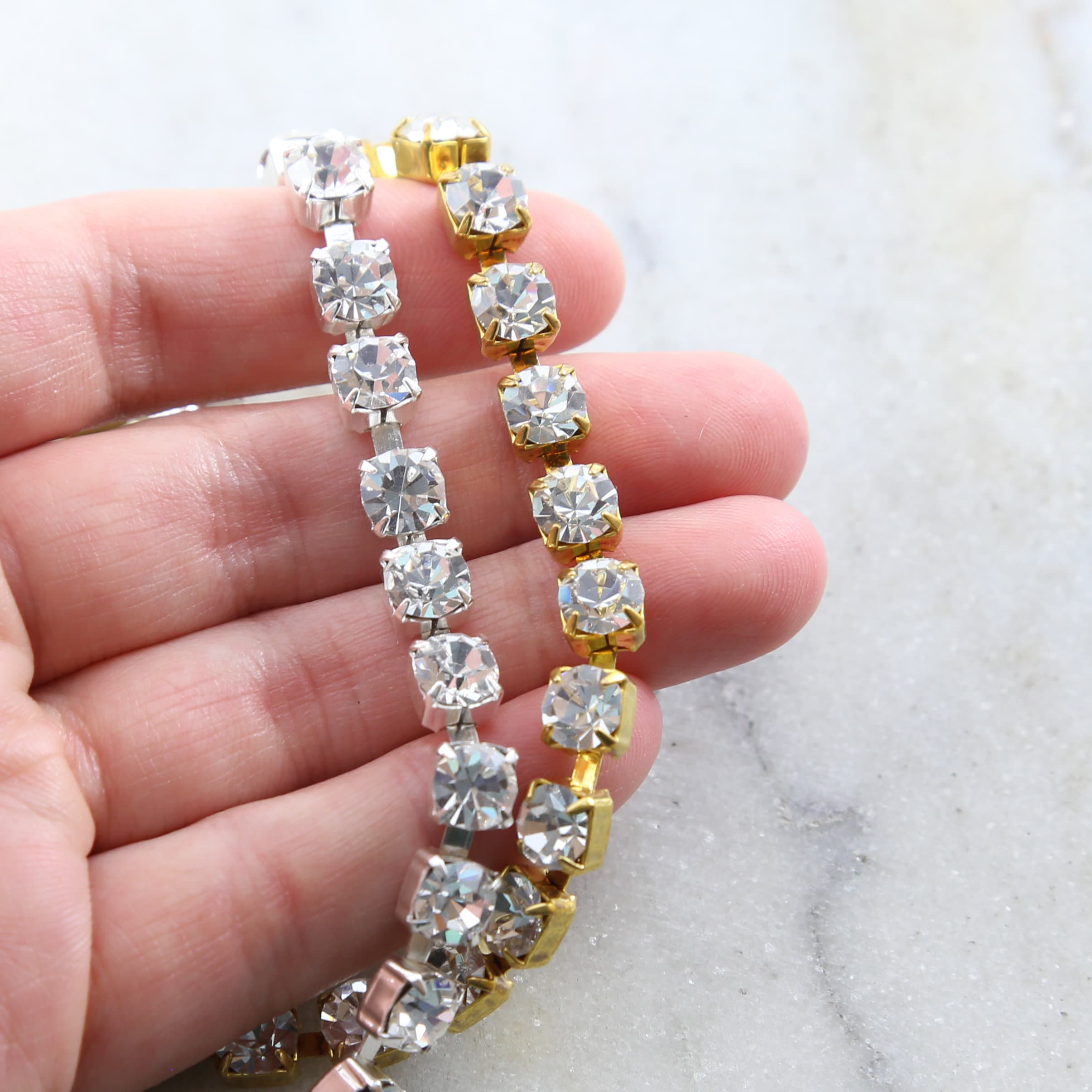 6mm Brass Gold or Silver Plated Clear Austrian Rhinestone – Sold by the Foot