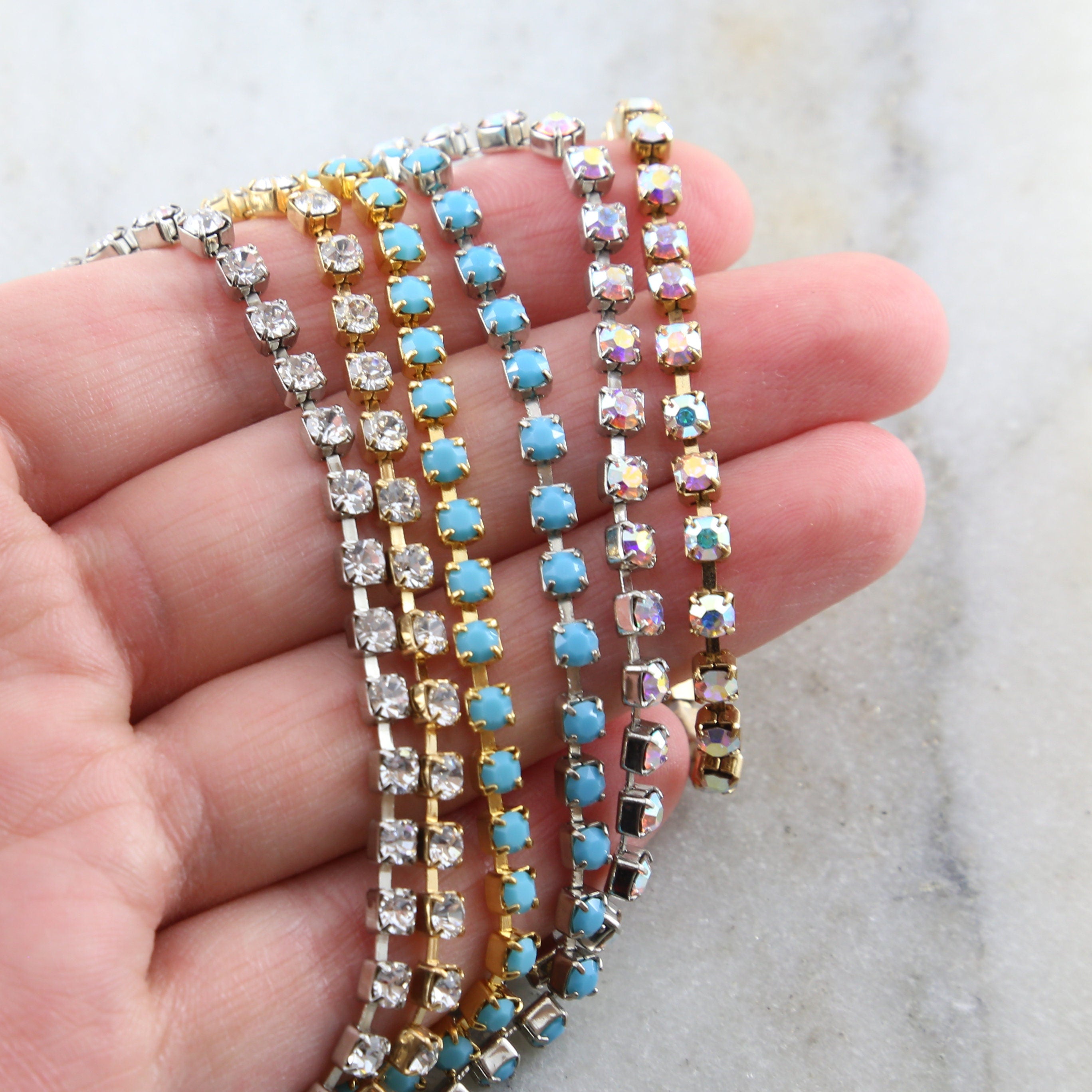 3mm Brass Clear AB or Turquoise Blue Swarovski Rhinestone Chain