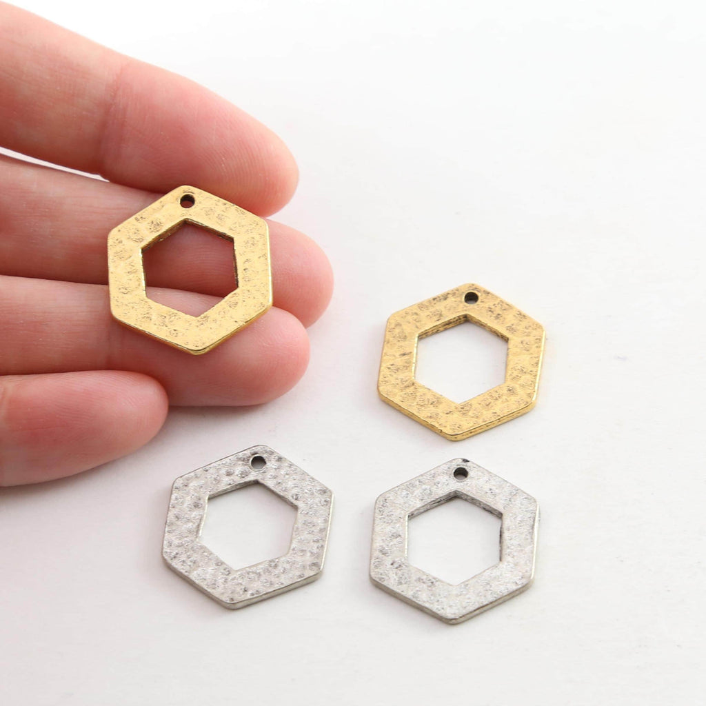 19mmx21mm Pewter Metal Textured Open Hexagon Stamping Blank Pendant (2pc)