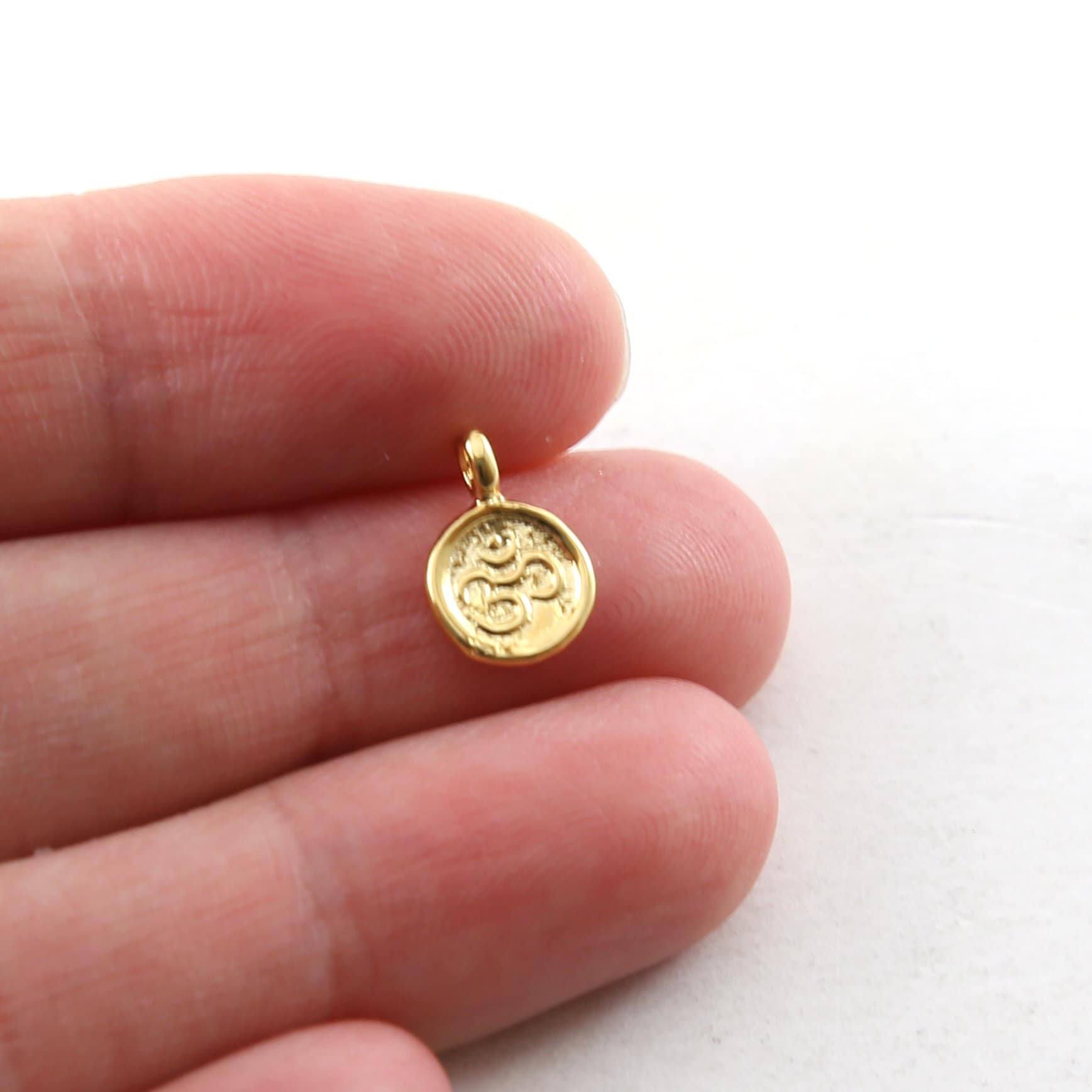 Sterling Silver or Vermeil Tiny Mini Round Om Ohm Stamped Embossed Charm
