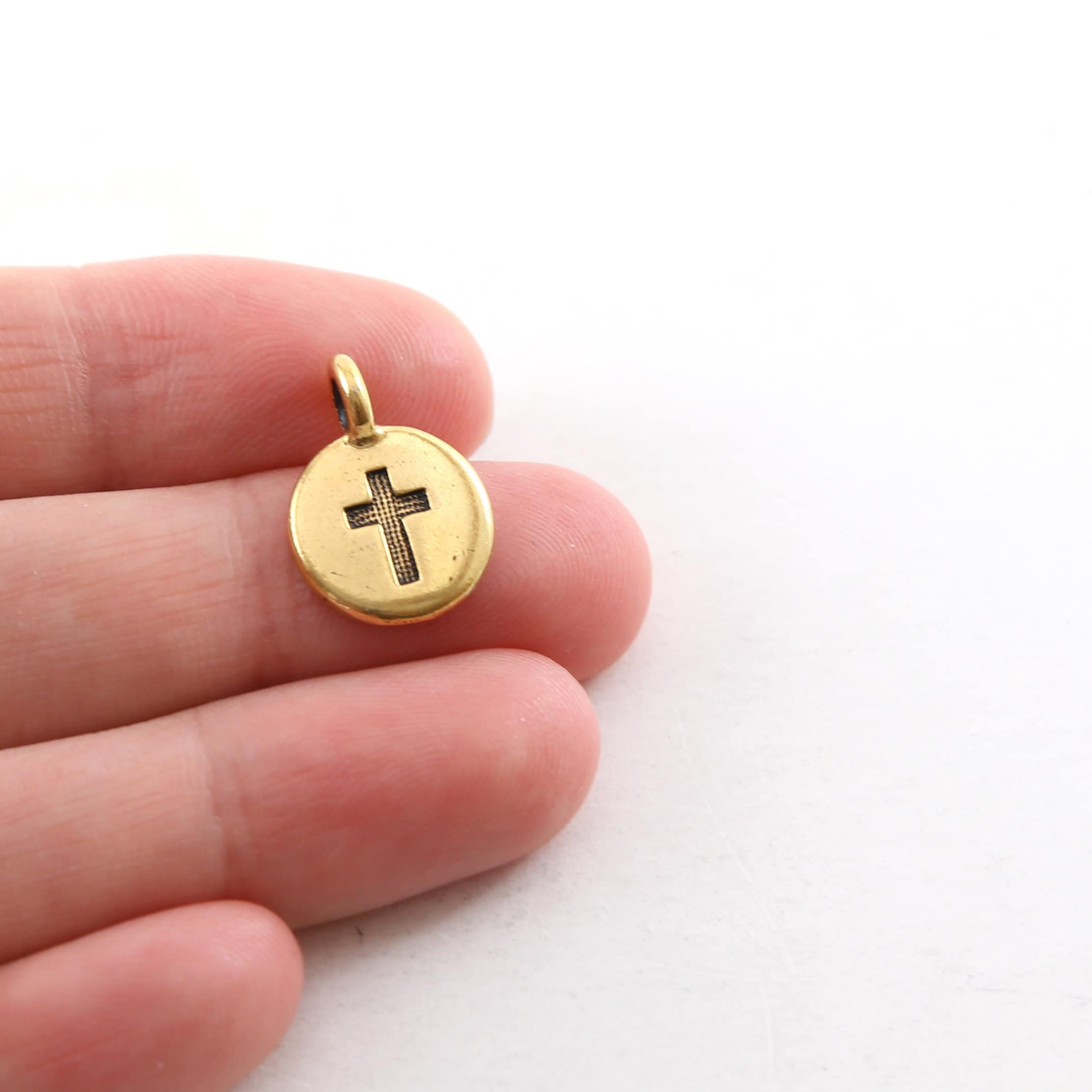 Pewter Coin Stamped Cross Circle Charm with Bail Pendant (2pc)