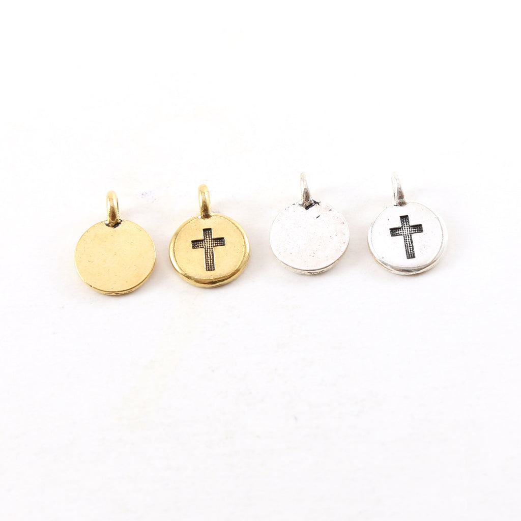 Pewter Coin Stamped Cross Circle Charm with Bail Pendant (2pc)