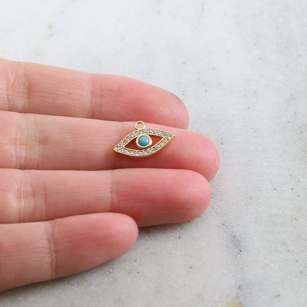 Rhodium Plated Gold Pave CZ Evil Eye Pendant Charm with Blue Stone