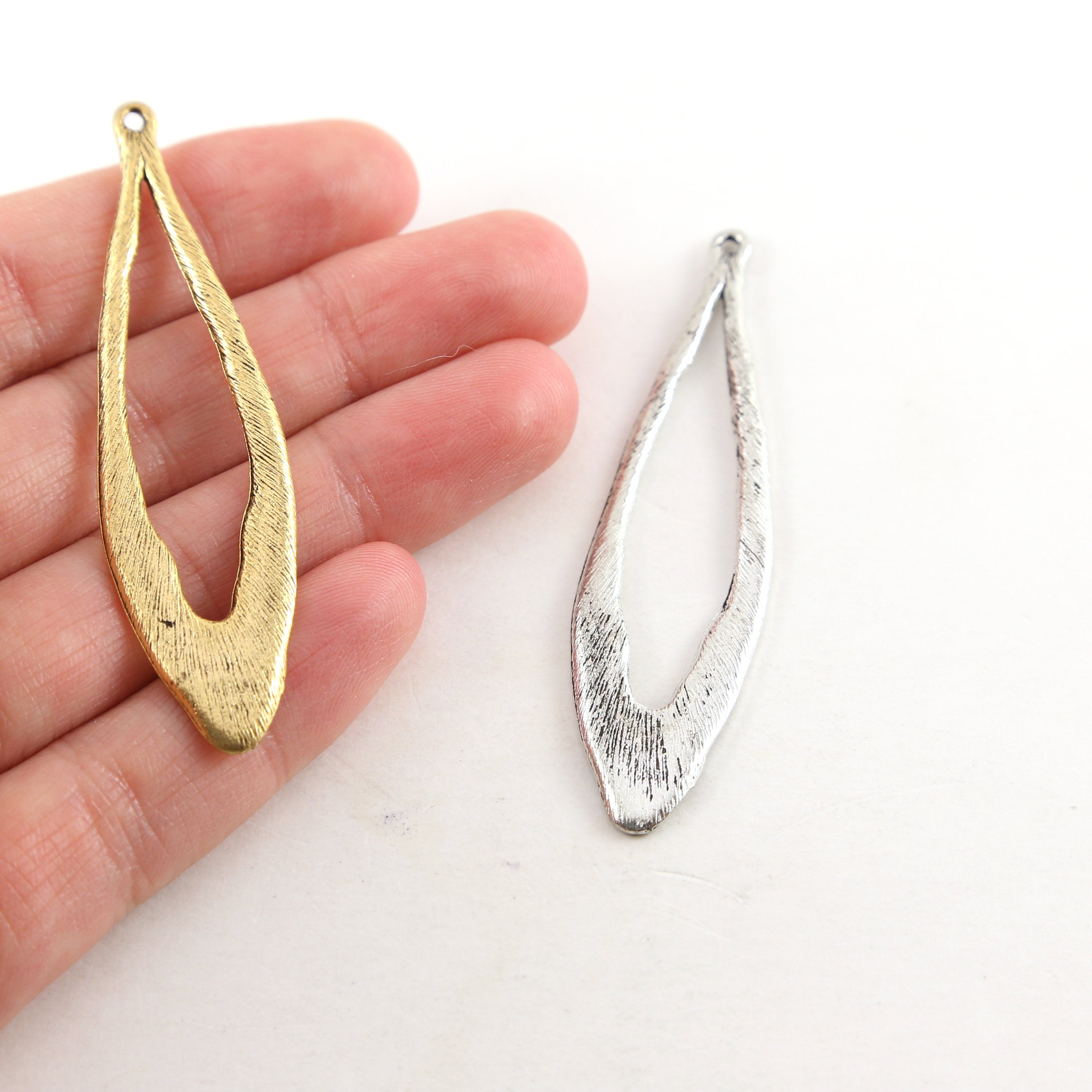 Pewter Metal Textured Open Long Teardrop Pendant Antique Gold